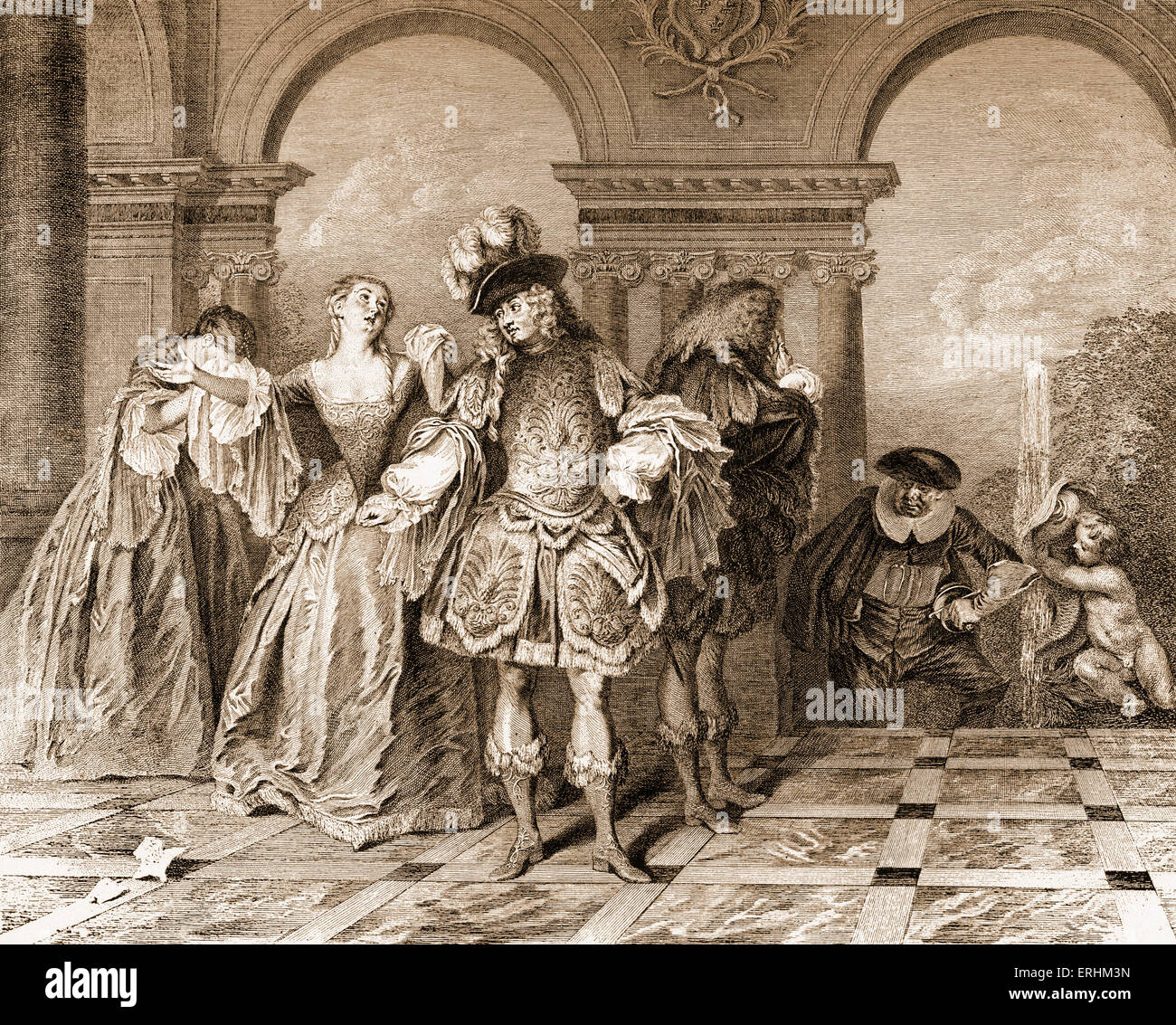 "Les Comédiens Français" - Bühne Schauspielern eine dramatische Szene. Kupferstich von J. M. Liotard nach einem Gemälde von Antoine Stockfoto