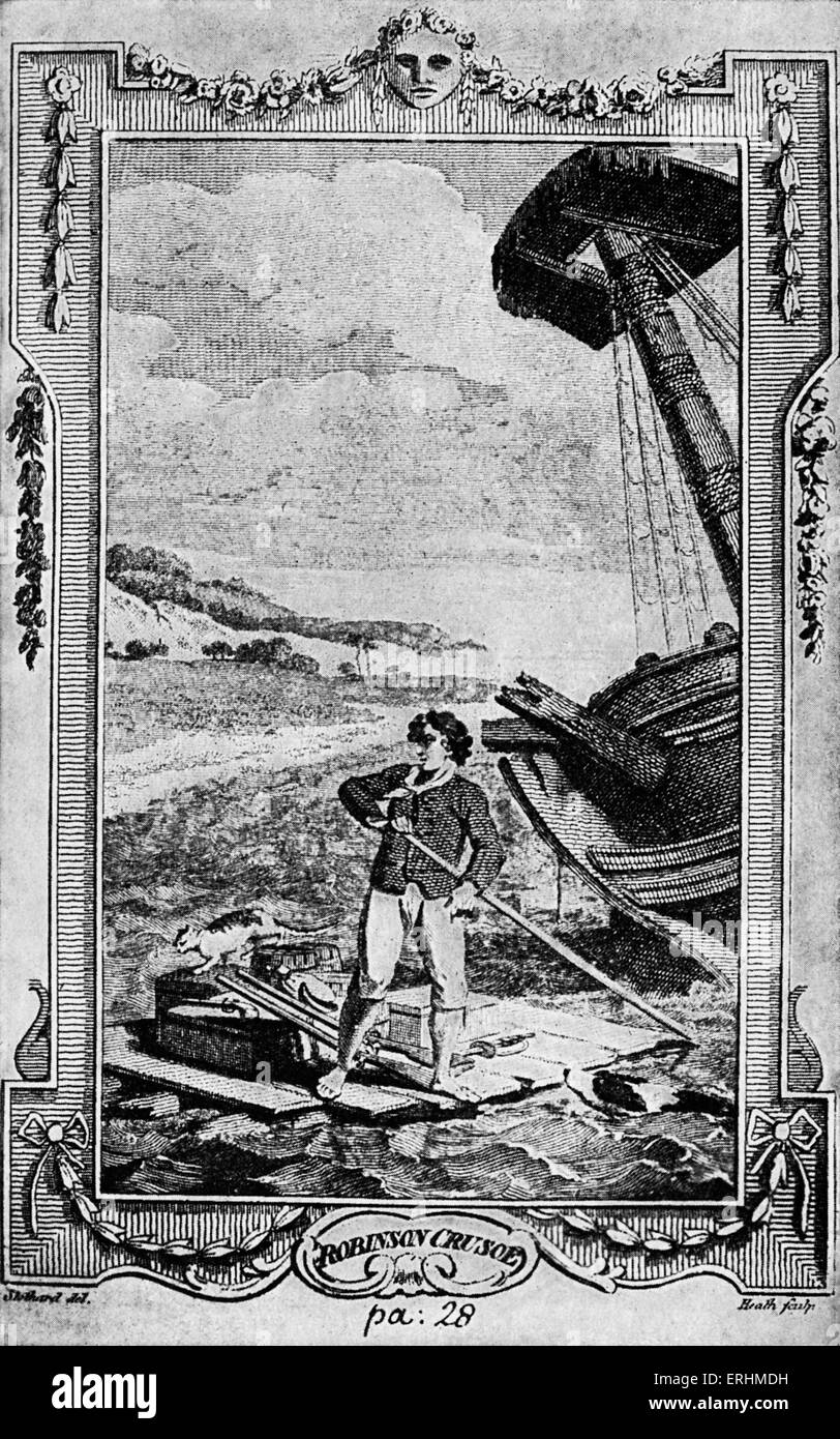 "Robinson Crusoe" - Roman von Daniel Defoe, erstmals veröffentlicht im Jahre 1719.  Illustration der Schiffbrüchigen Robinson Crusoe-abandonning Stockfoto
