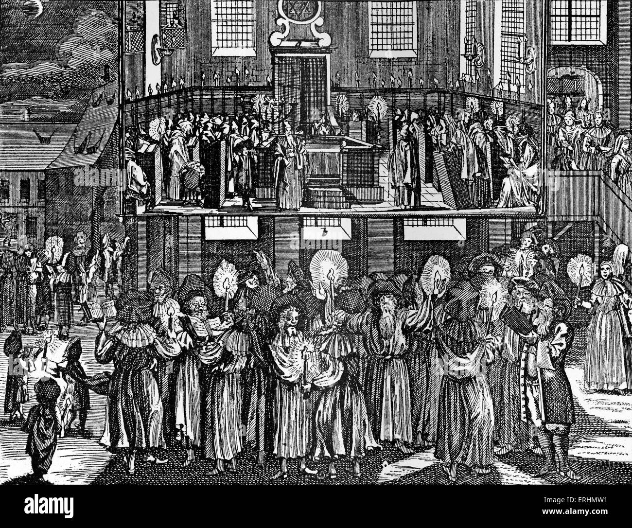 Festival der Simchat Thora / geben des Gesetzes von 'Jüdisches Ceremoniell' von Kirchner, Nürnberg 1734 veröffentlicht. Stockfoto