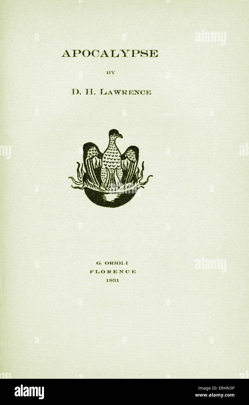 D H Lawrence Buch Apokalypse Titelseite. 1931.David Herbert Richards veröffentlicht in Florenz, von G. Orioli, posthum Stockfoto