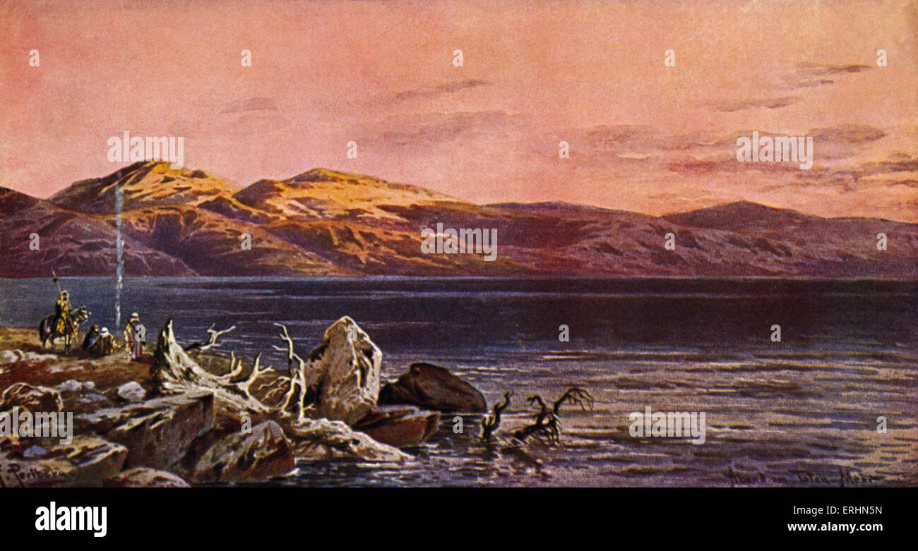 Abend am Toten Meer.  Postkarte aus den frühen 1900er Jahren mit einzelnen Boot Stockfoto