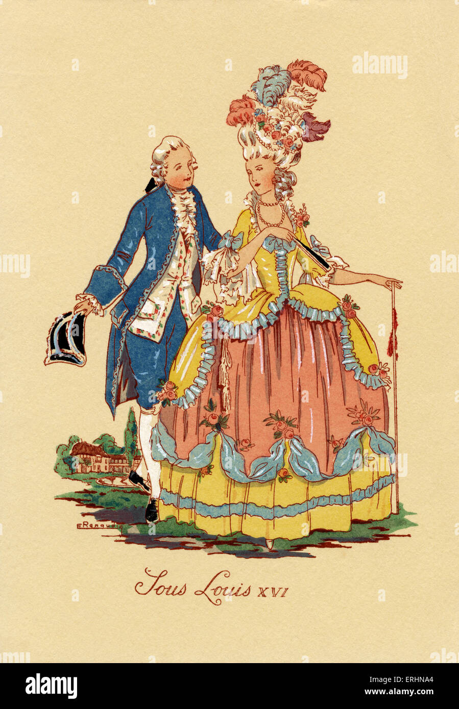 Höfische paar aus Epoche Louis XVI von Frankreich. Krinoline Skit, hohen Frisur, drei dreieckigen Hut, weiße Perücke. Stockfoto