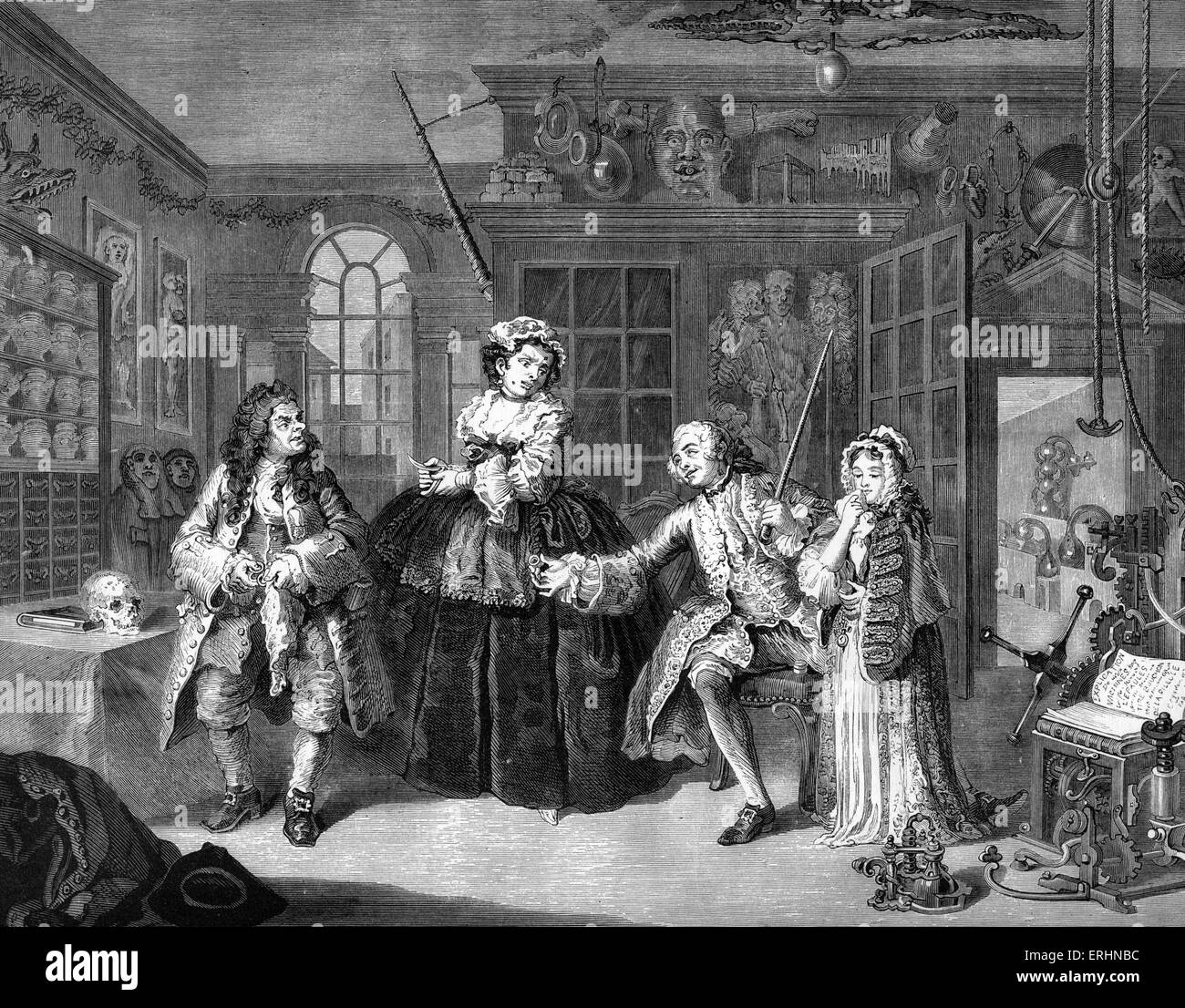 Ehe a la Mode - der Quack Arzt Studio - Kupferstich von William Hogarth, englischer Maler und Künstler. WH: 10. November 1697 – 26. Oktober 1764. Stockfoto