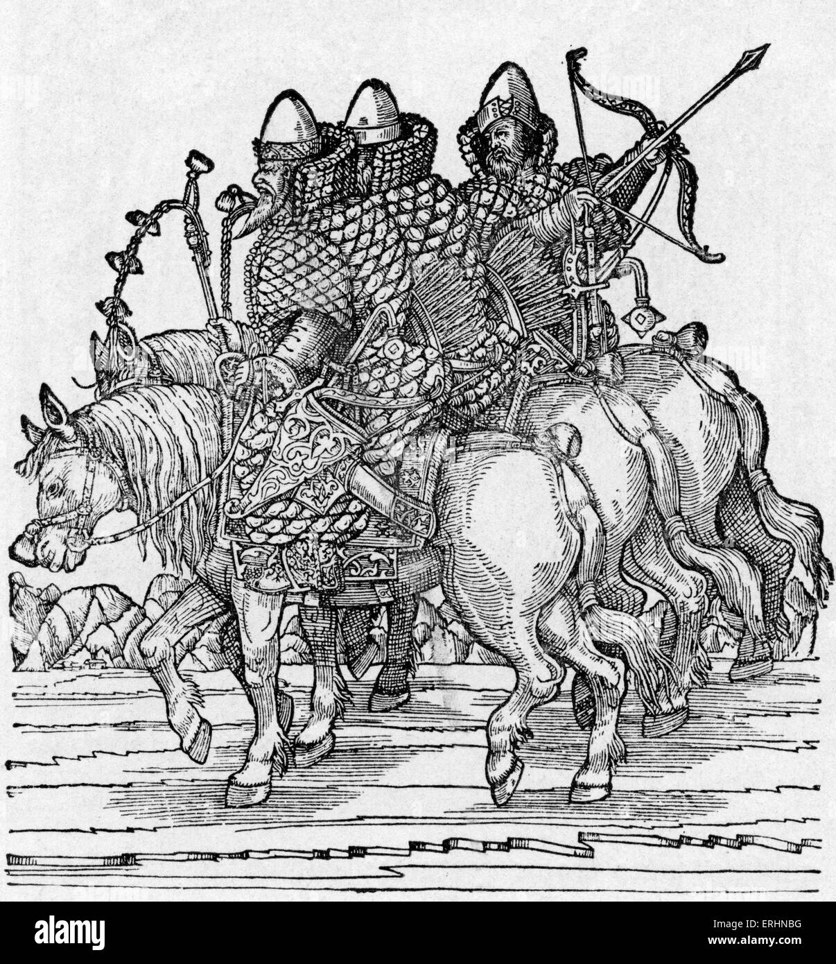 Russische Krieger montiert auf dem Pferderücken mit Armbrüsten und tragen Kettenhemd Rüstung, c. 1557. Holzschnitt von Baron Sigismund von Stockfoto