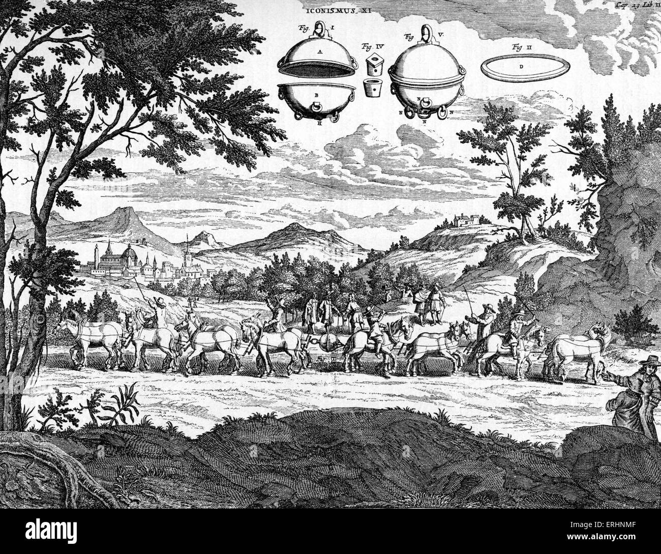 Otto-von-Guericke Magdeburger Halbkugeln experimentieren, 1650. Guericke pumpte die Luft aus beiden Kupfer Hemisphären erstellen ein Stockfoto