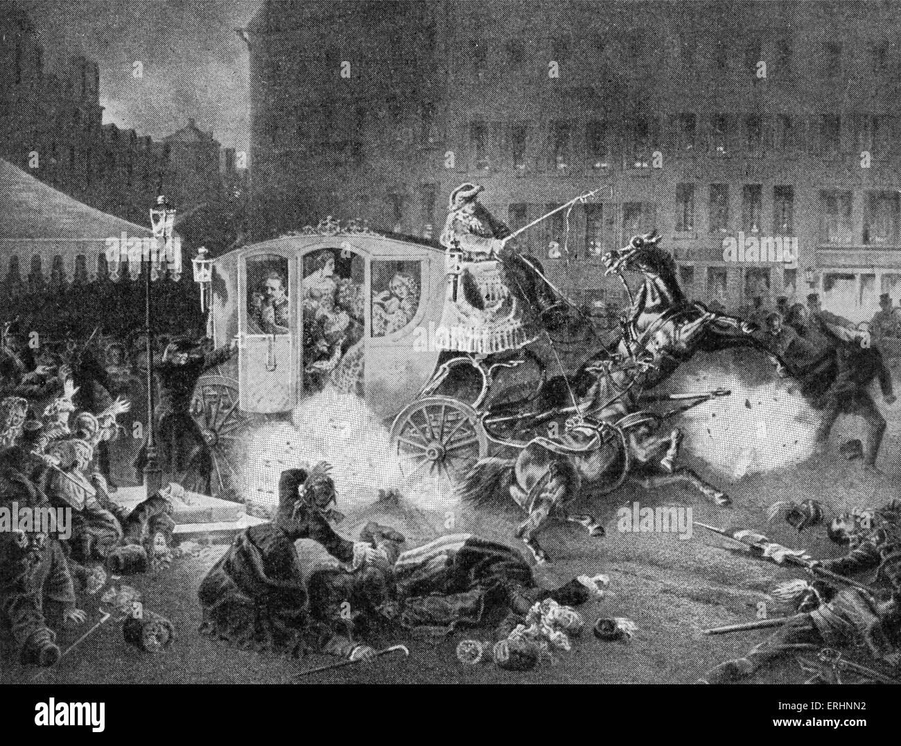 Felice Orsini Attentat auf den französischen Kaiser Napoleon III. vor der Oper in Paris am 14. Januar 1858. Stockfoto