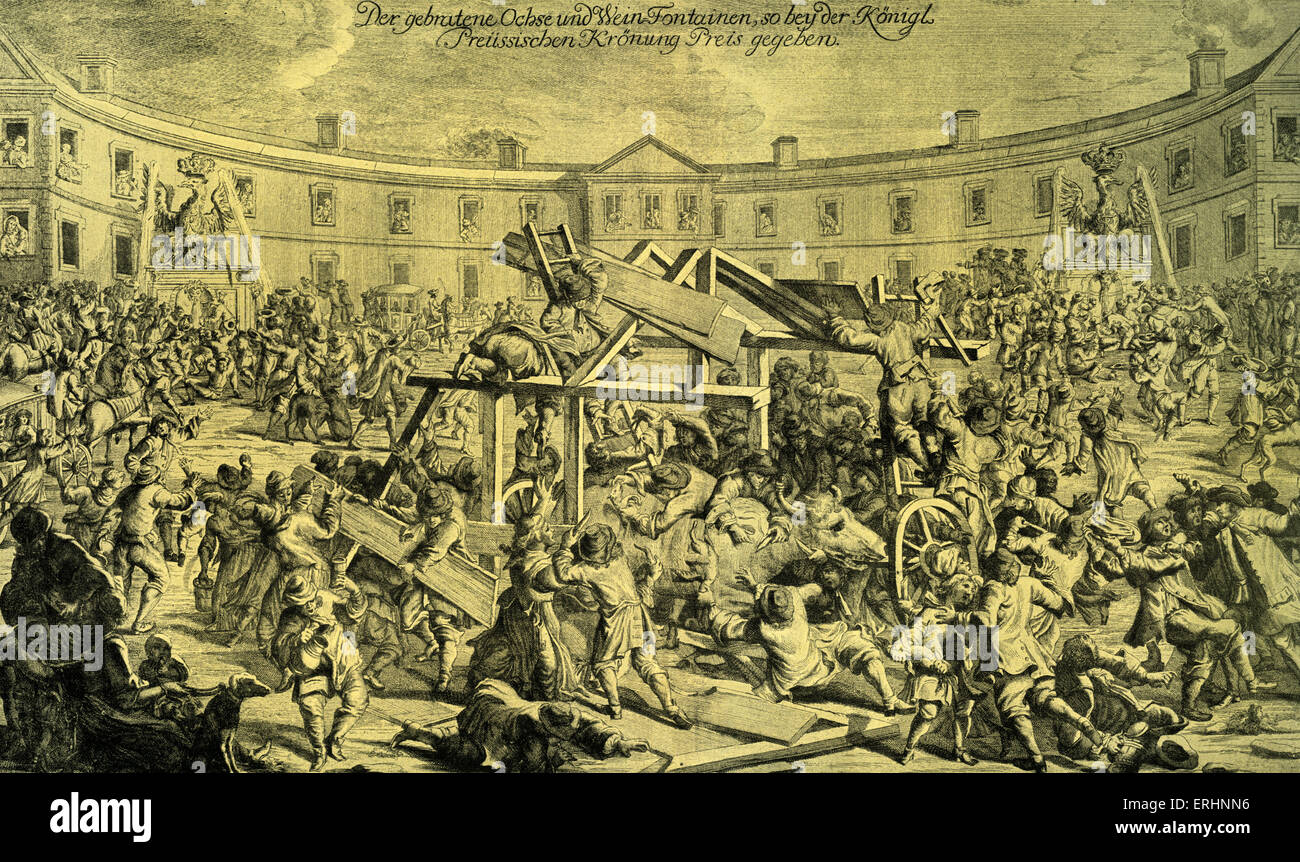 Feiern nach der Krönung von König Frederick I von Preußen in Königsberg, 18. Januar 1701. Kupferstich von Johann Georg Stockfoto