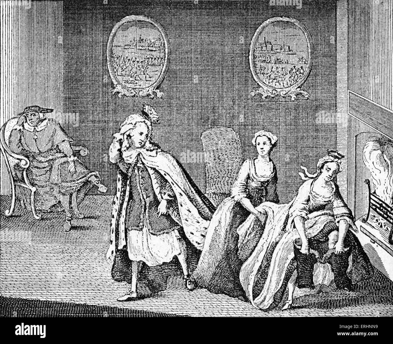 Maria Theresa (oder Theresia) setzen auf eine bayerische Hose - englische politische Karikatur, Künstler unbekannt. Widerstand gegen Theresiass Thronbesteigung führte zu den österreichischen Erbfolgekrieg 1740. MT, Erzherzogin von Österreich: 13. Mai 1717 - 29. November 1780. Stockfoto