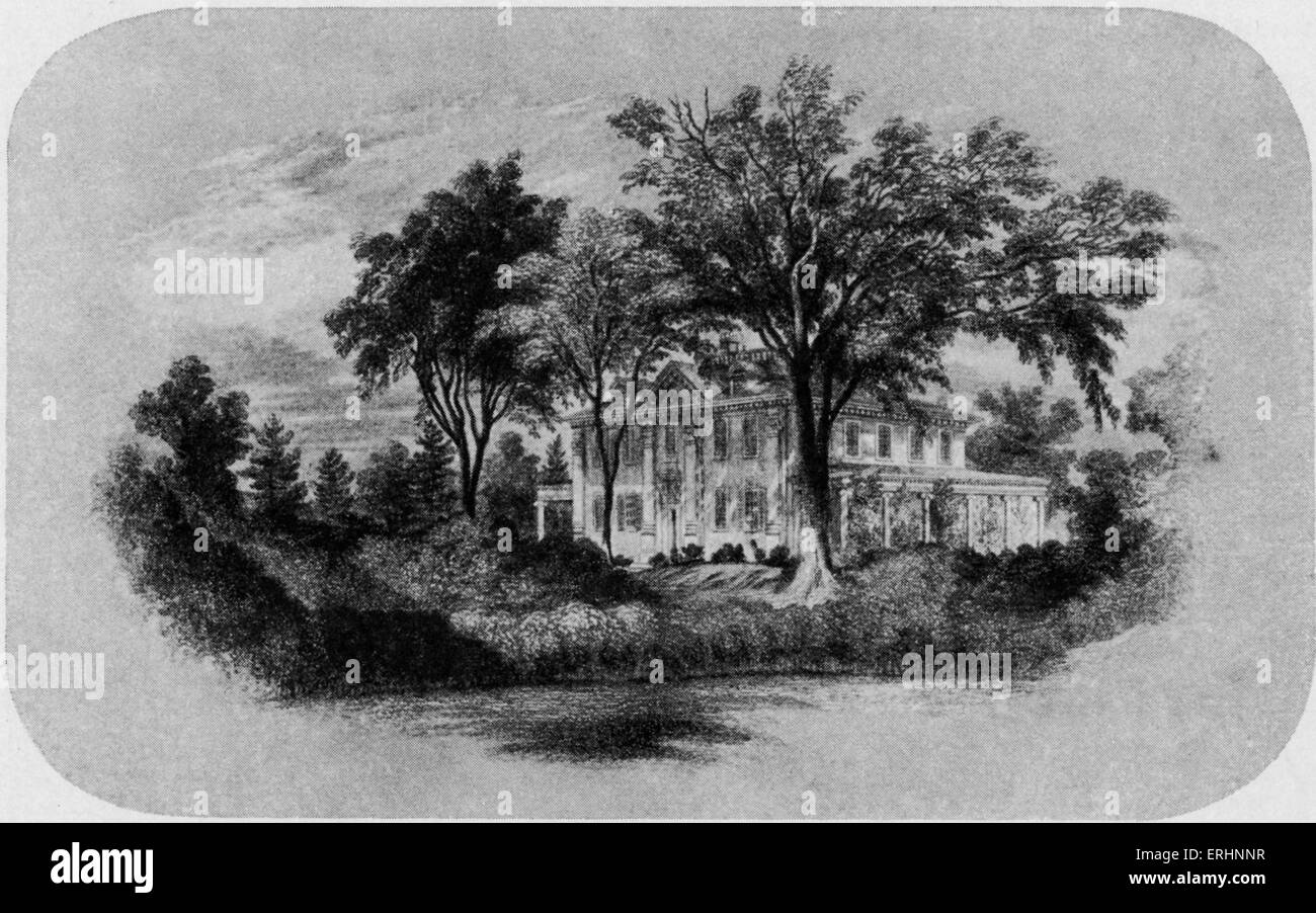 Henry Wadsworth Longfellow Wohnhaus - Craigie Haus in Cambridge, Massachusetts, USA. Stahlstich von L. V. Hunt, Stockfoto