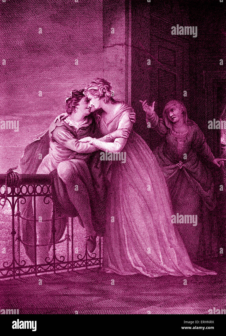 William Shakespeares Romeo und Julia - Akt III, Szene V. Romeo, Juliet und Krankenschwester in Julias Zimmer zu spielen.  Englischer Dichter und Stockfoto
