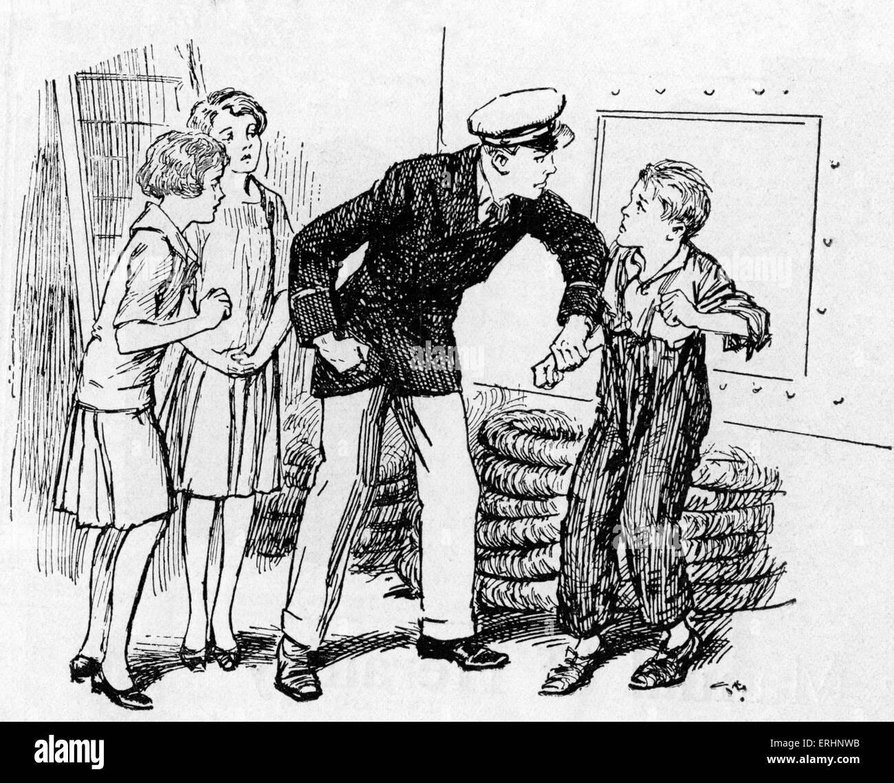 Blinder Passagier - Bildunterschrift lautet: "sie sahen die zerlumpte Gestalt des jungen blinder Passagier". c. 1931. Von "Patsy aus der Wildnis", illustriert von der englischen Buchillustrator, Gordon Frederick Browne (1858-1932). Stockfoto