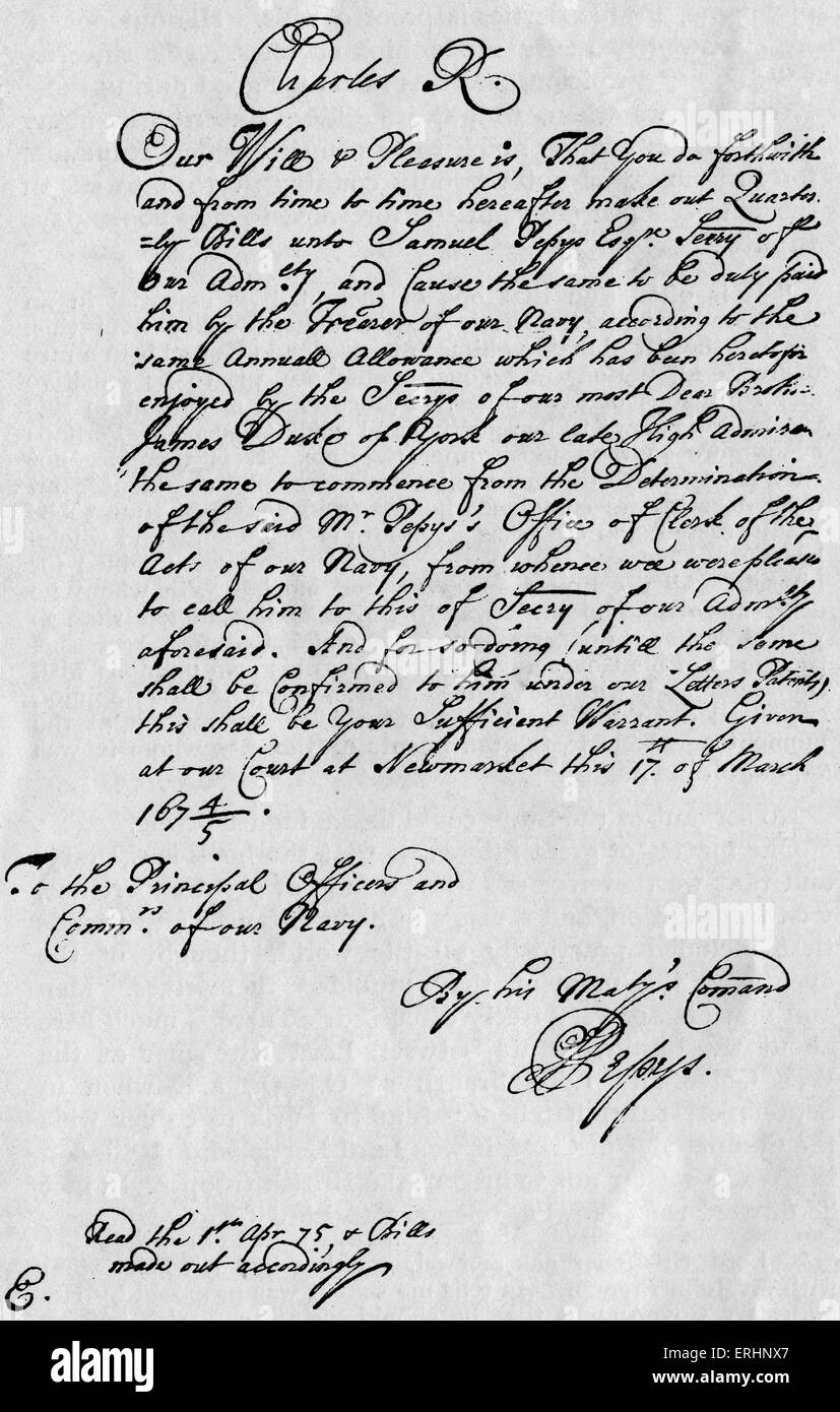 Samuel Pepys - Brief an Charles R zur vierteljährlichen Marine Zulagen. In seiner Eigenschaft als königliche Marine unterzeichnet von Pepys Stockfoto