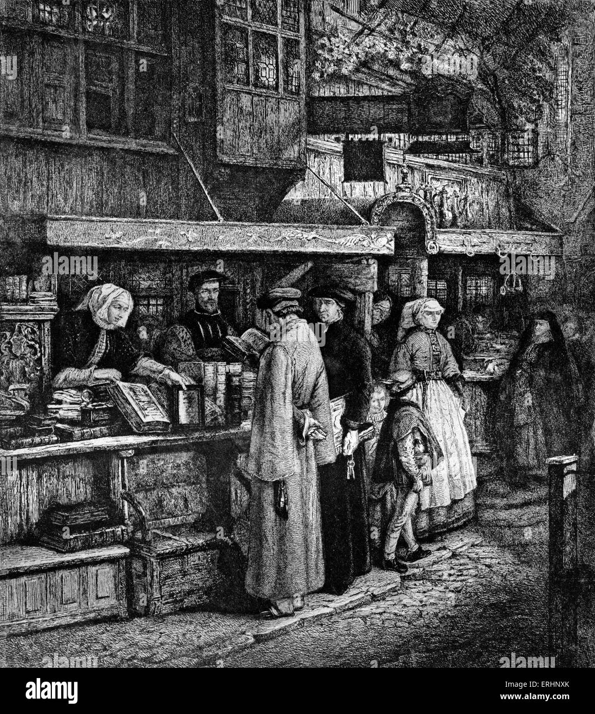 Buchhändler in Antwerpen gedruckt von Jacob van Liesvelt im 16. Jahrhundert. Stockfoto