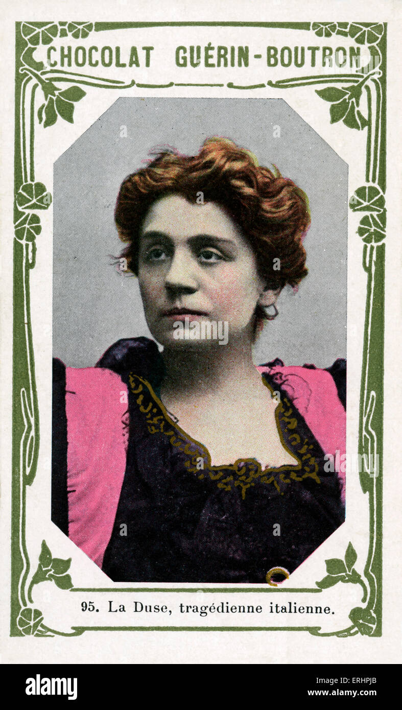 Eleanora Duse - italienische Schauspielerin: 3. Oktober 1858 21. April 1924.  Karte für "Guerin Boutron" Schokolade. Stockfoto