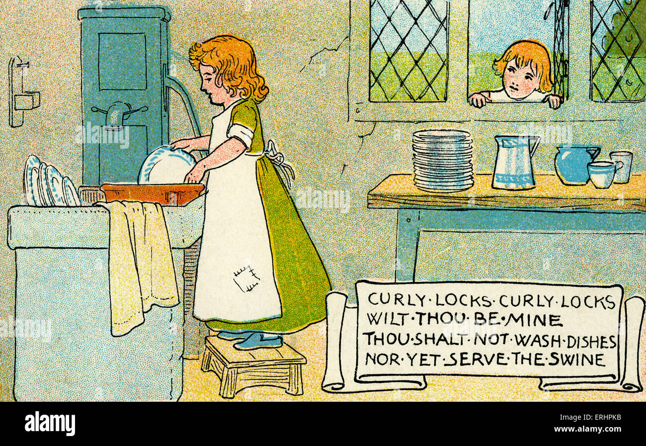 Locken - Kinderlied stammt aus der viktorianischen Ära. Abbildung zeigt ersten Teil der Reim. Bildunterschrift lautet "Curly locks locken willst du mein sein. Du sollst nicht Geschirr spülen oder doch dienen die Schweine. " Stockfoto
