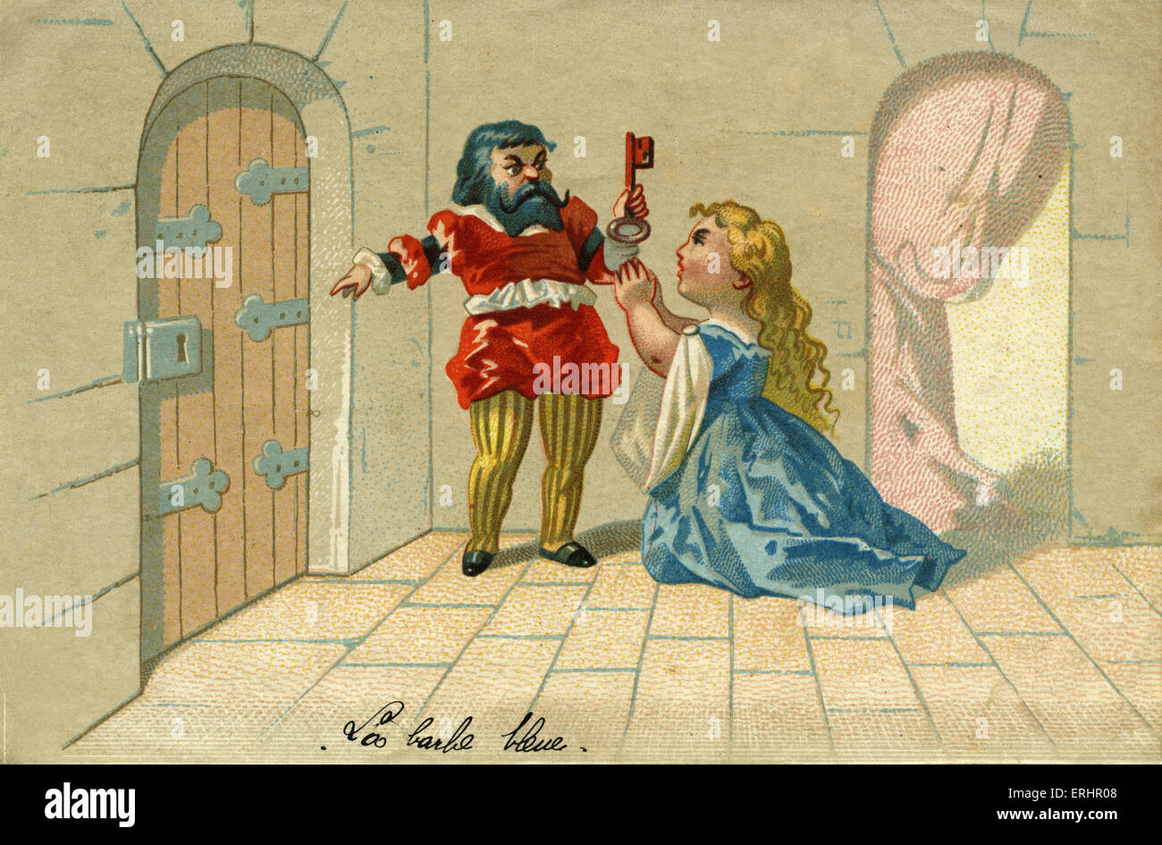Blaubart - (links), findet Blut auf den Schlüssel, der seine Frau (rechts) verwendet, um die Tür zum Zimmer öffnen wo er gespeichert wurde die Stockfoto