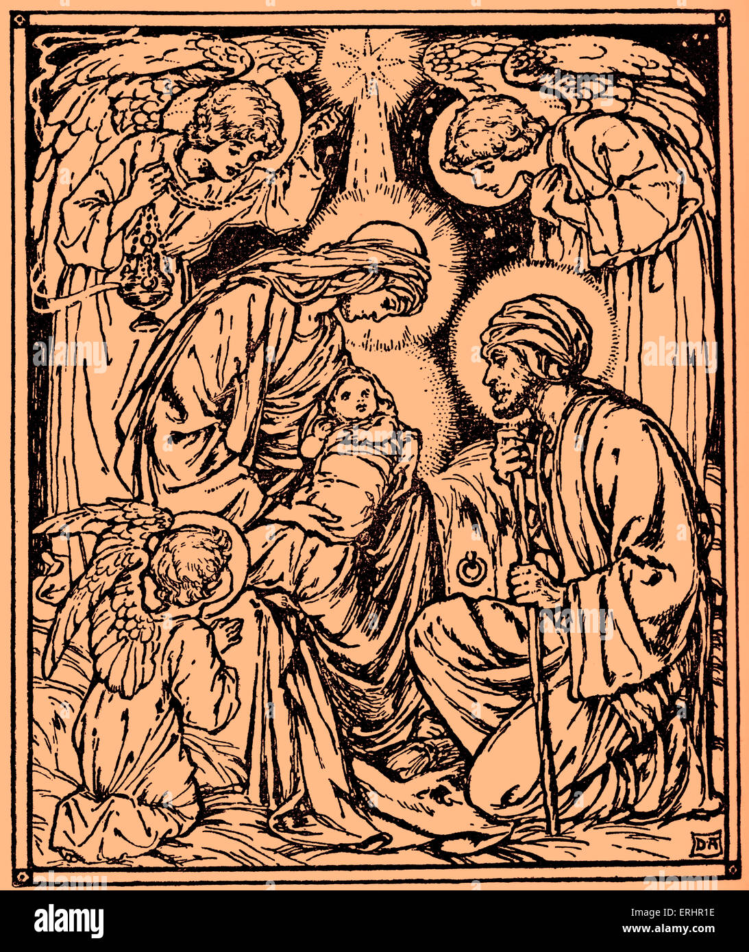 Geburt Jesu - Darstellung der Geburt Jesu mit Maria hält das Baby, Josef und drei Engel, die auf der Suche auf, und ein Stockfoto