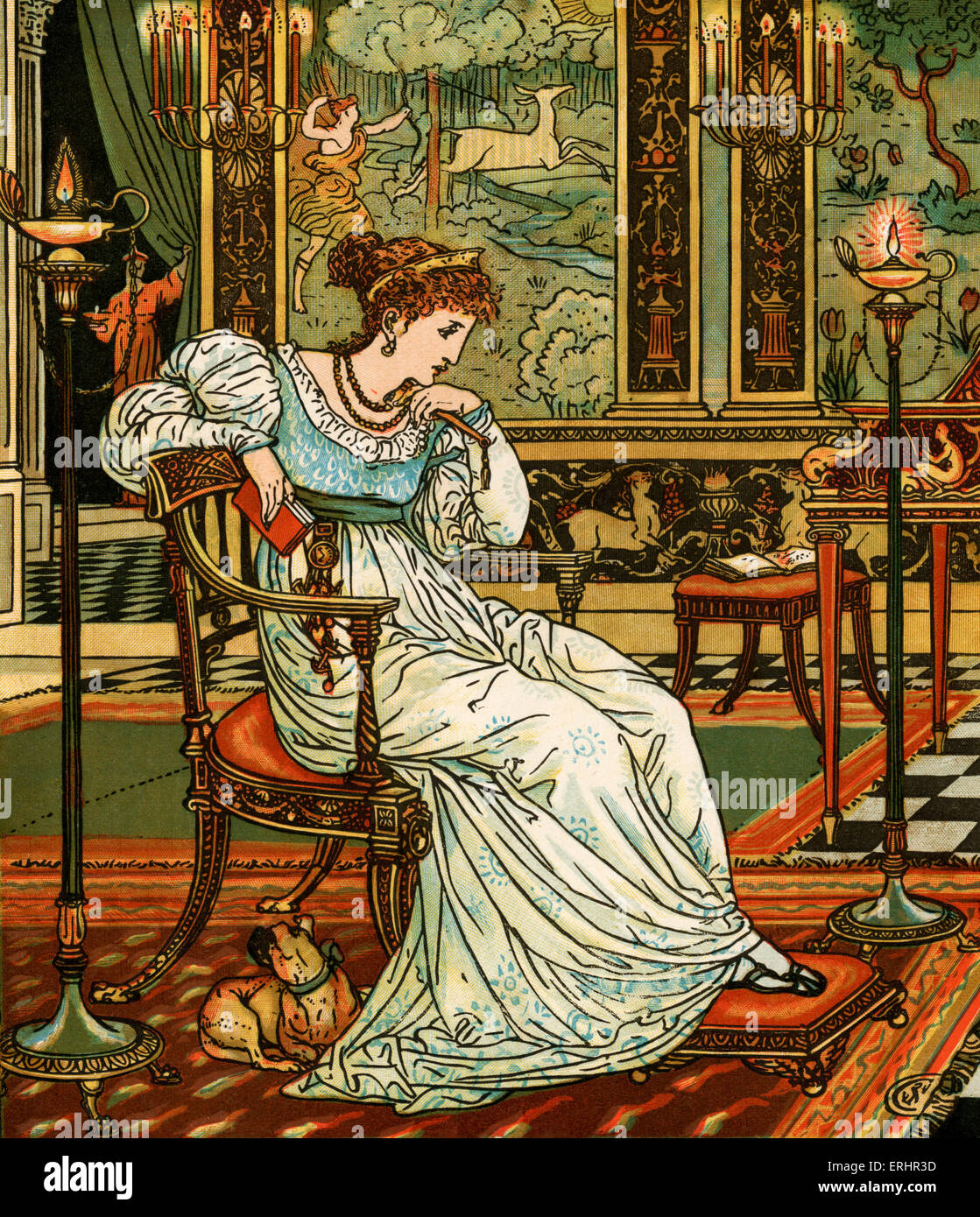 Die Hind im Holz - Illustration von Madame Aulnoy Märchen.  Frau mit Buch nachdenklich sitzt. Entworfen von Walter Stockfoto