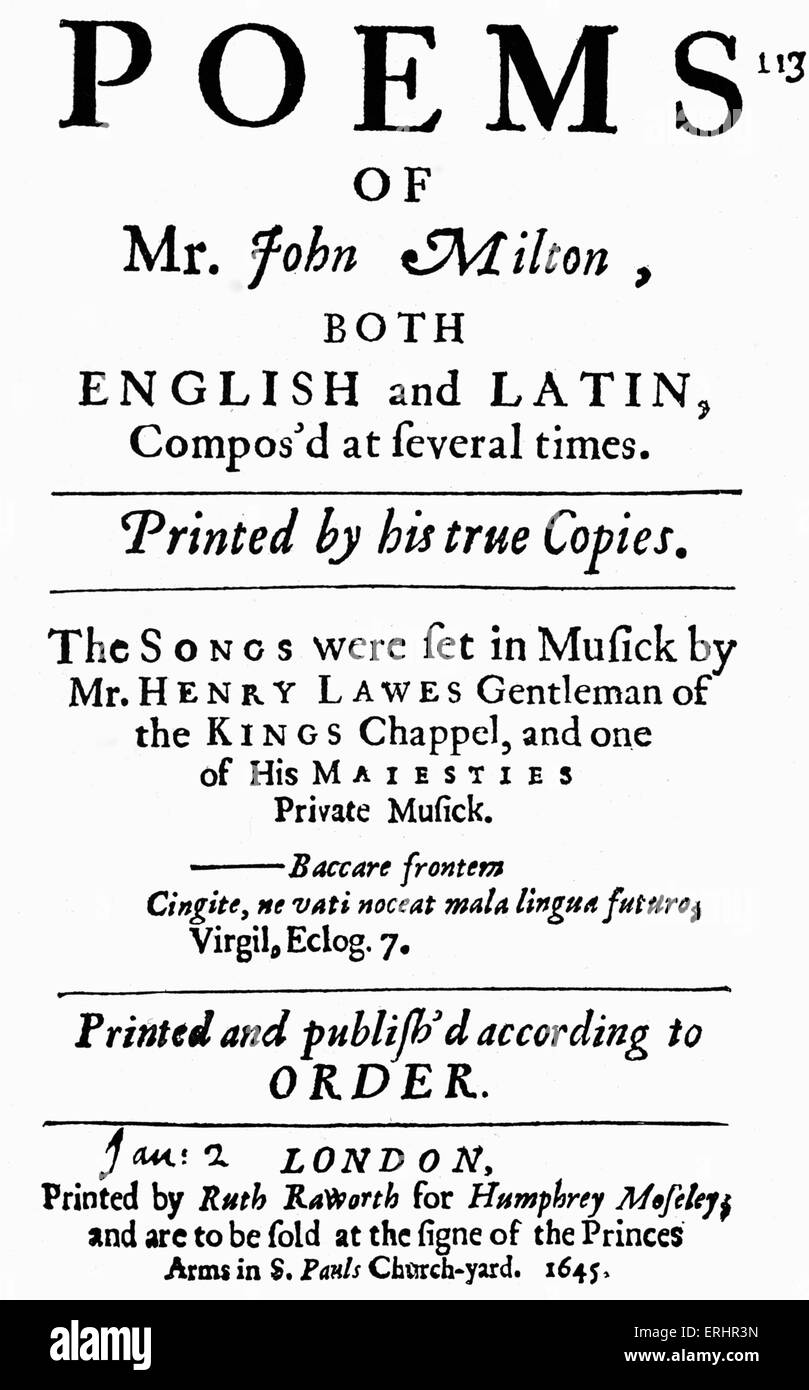 Gedichte von John Milton Englisch und Latein... "- 2. Januar 1645 erschienen. London.  JM: Englischer Dichter, 9. Dezember 1608 – 8 Stockfoto