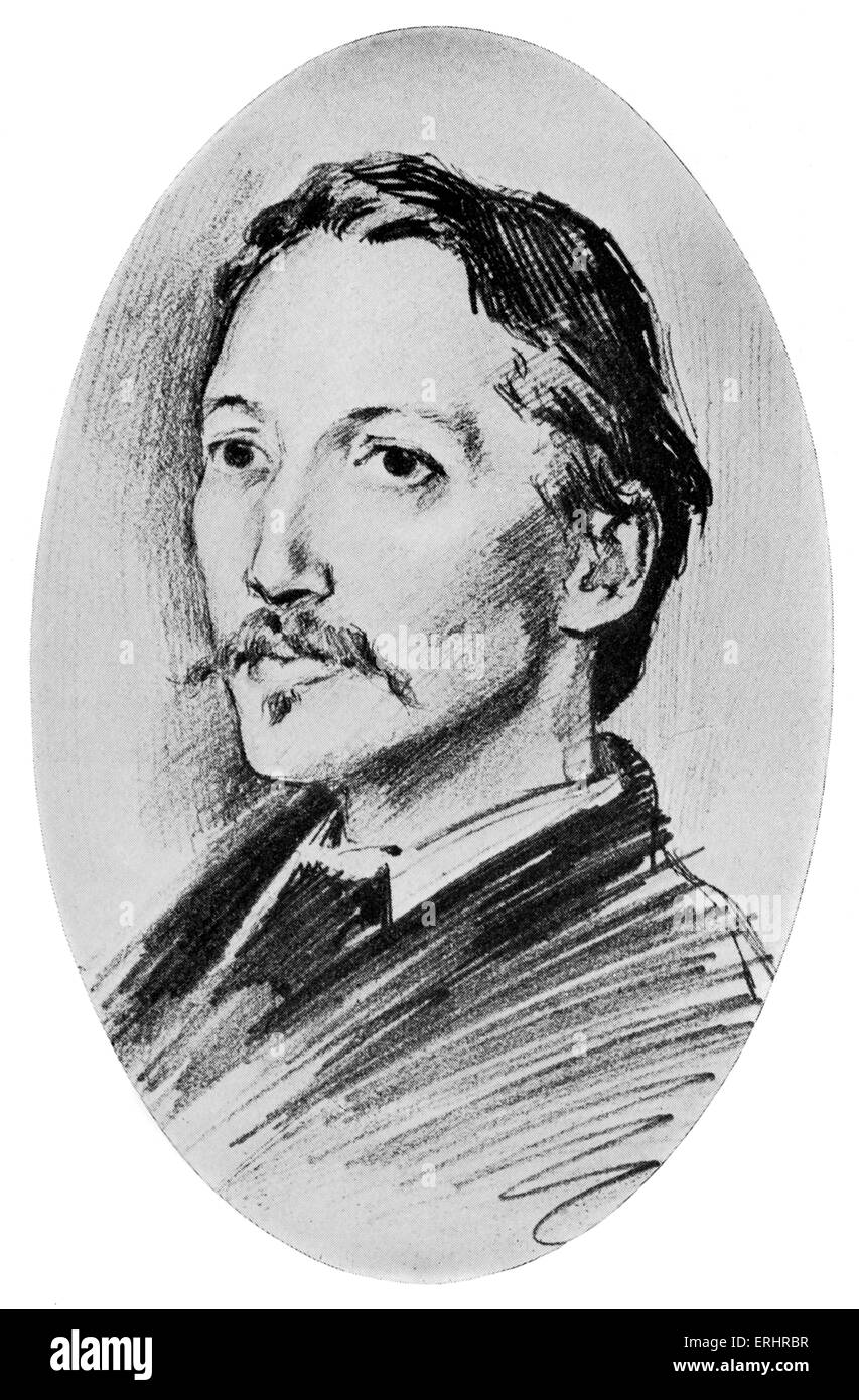 Stevenson - 1893. Schottischer Schriftsteller, Dichter und Reiseschriftsteller, 13. November 1850 – 3. Dezember 1894. Bleistiftzeichnung von Stockfoto