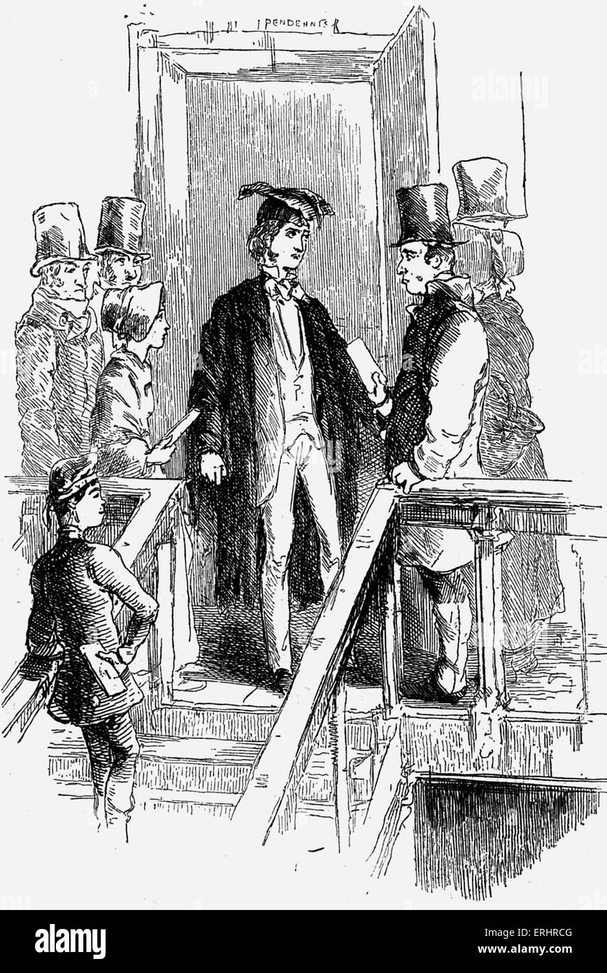 "Pendenis" - geschrieben und gezeichnet von William Makepeace Thackeray. Bildunterschrift lautet: "Pens Staircase - ein paar kleine Scheine". Englisch Stockfoto