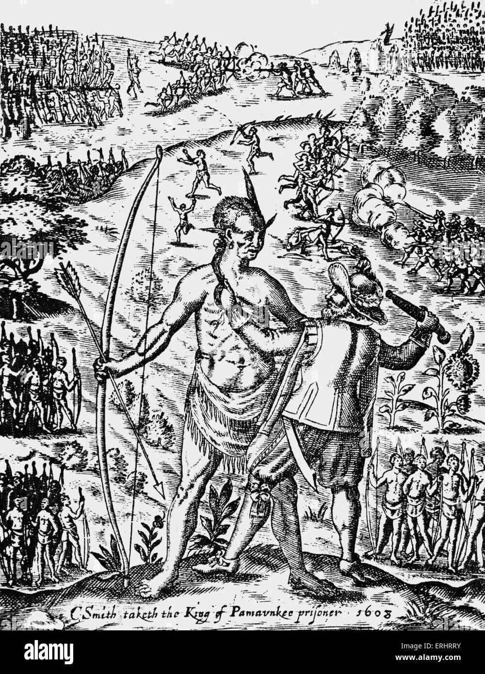 "Der General History of Virginia" - von John Smith.  Bildunterschrift lautet: "John Smith nimmt die König von Pamaunkee Gefangene 1608'. Stockfoto