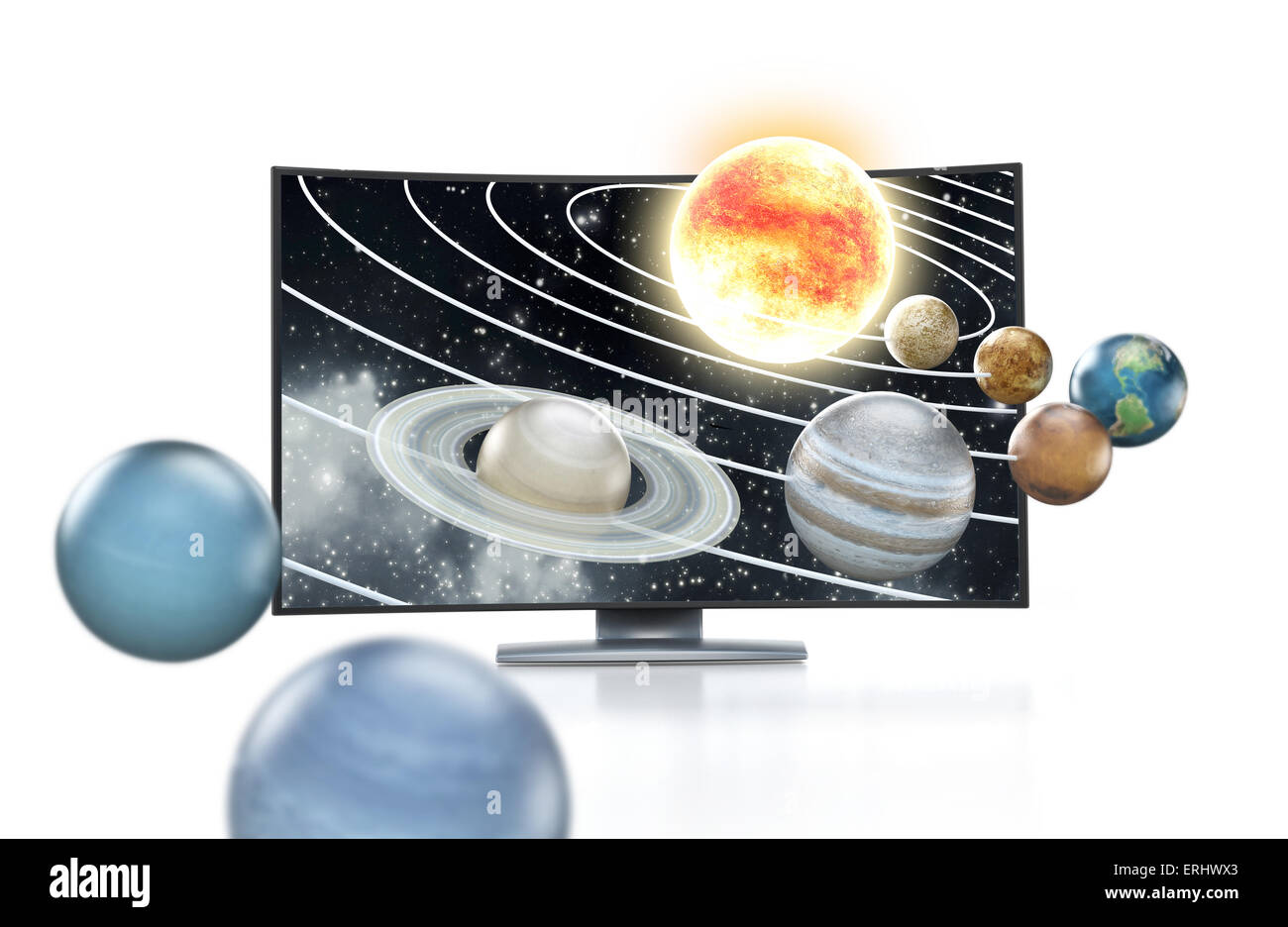 3D TV-Konzept mit Planeten gehen aus dem Bildschirm heraus. Stockfoto