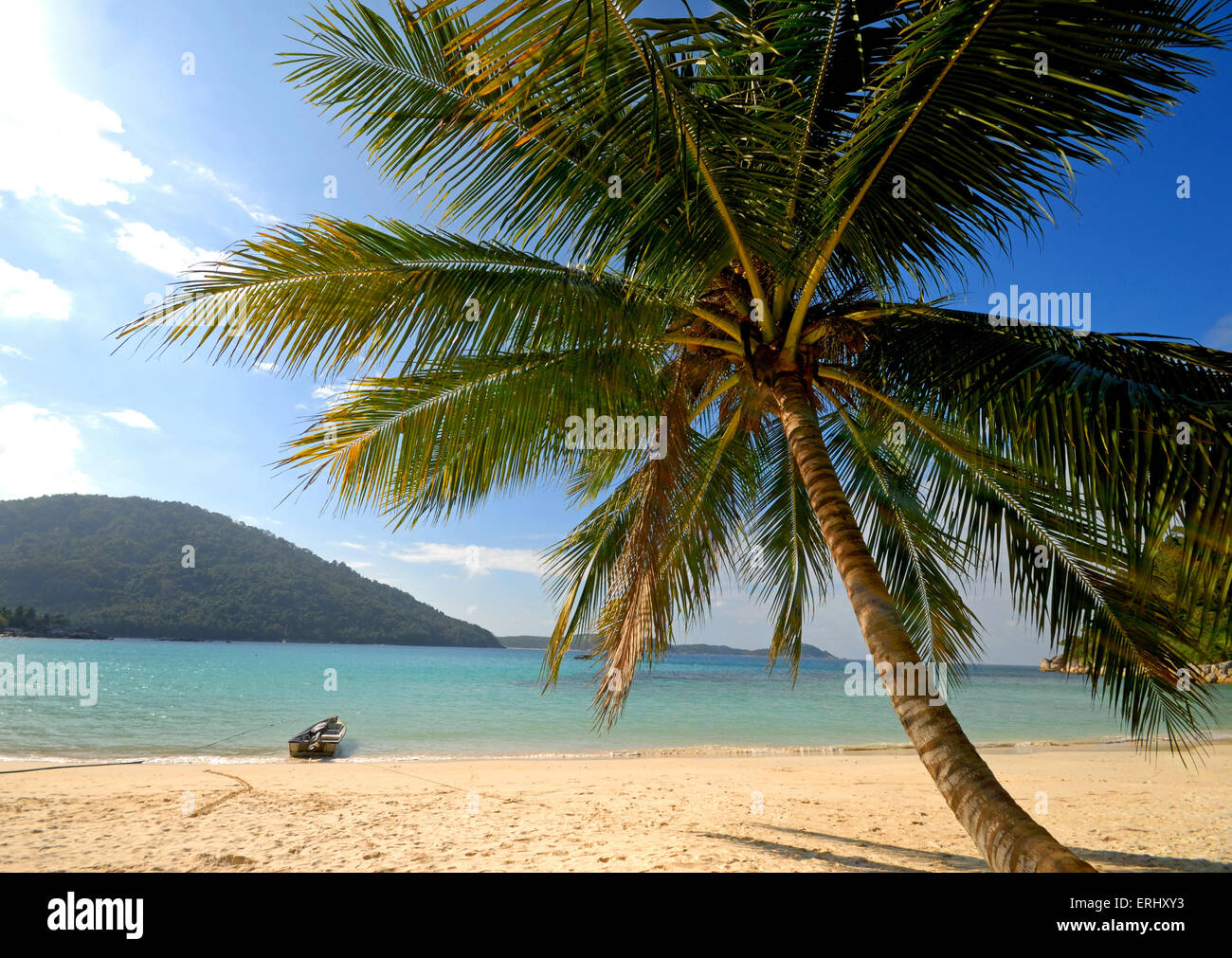 Eine einsame Palme und Boot auf einer leeren tropischen Insel, Malaysia. Stockfoto