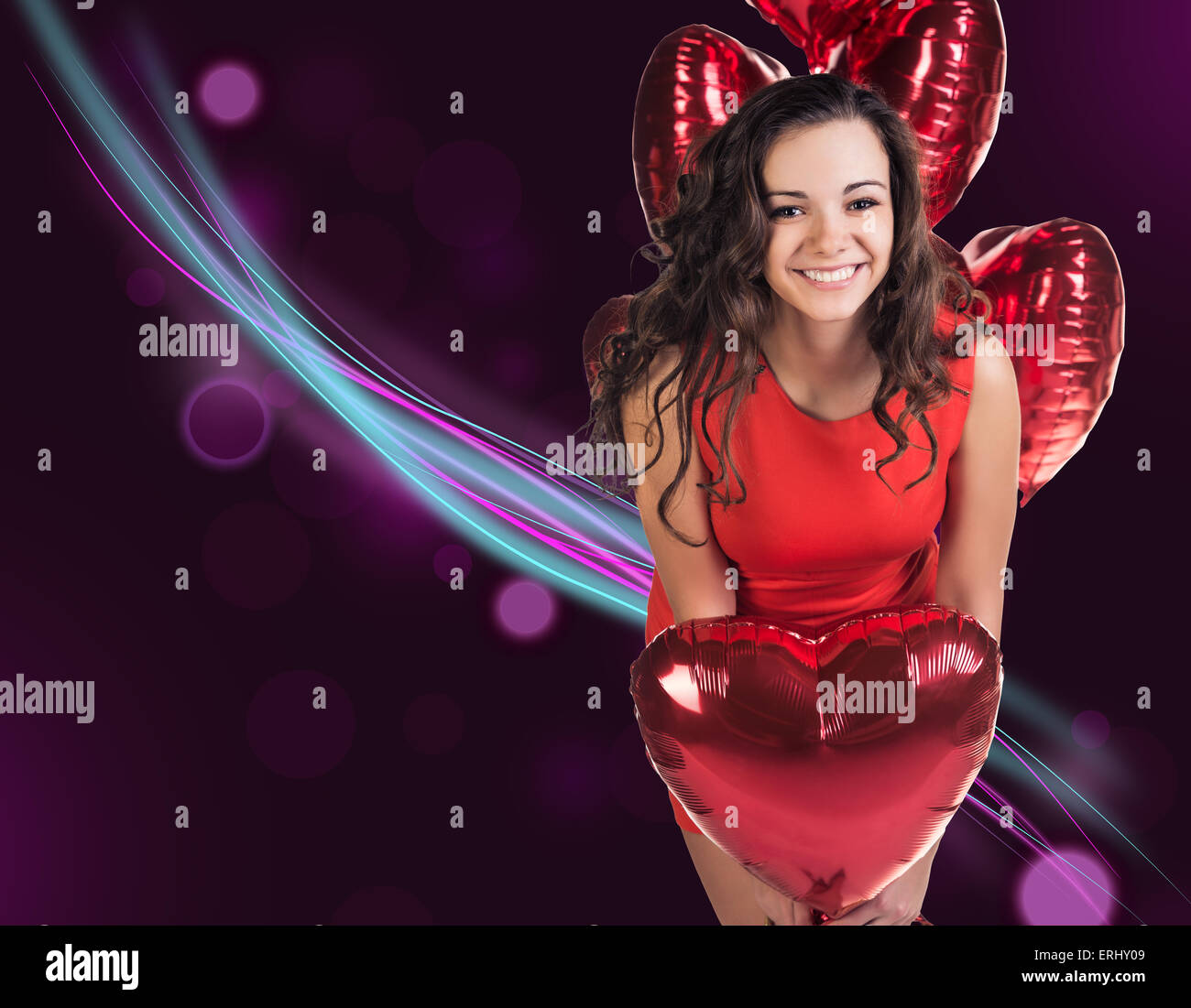 Frau mit Valentine baloons Stockfoto