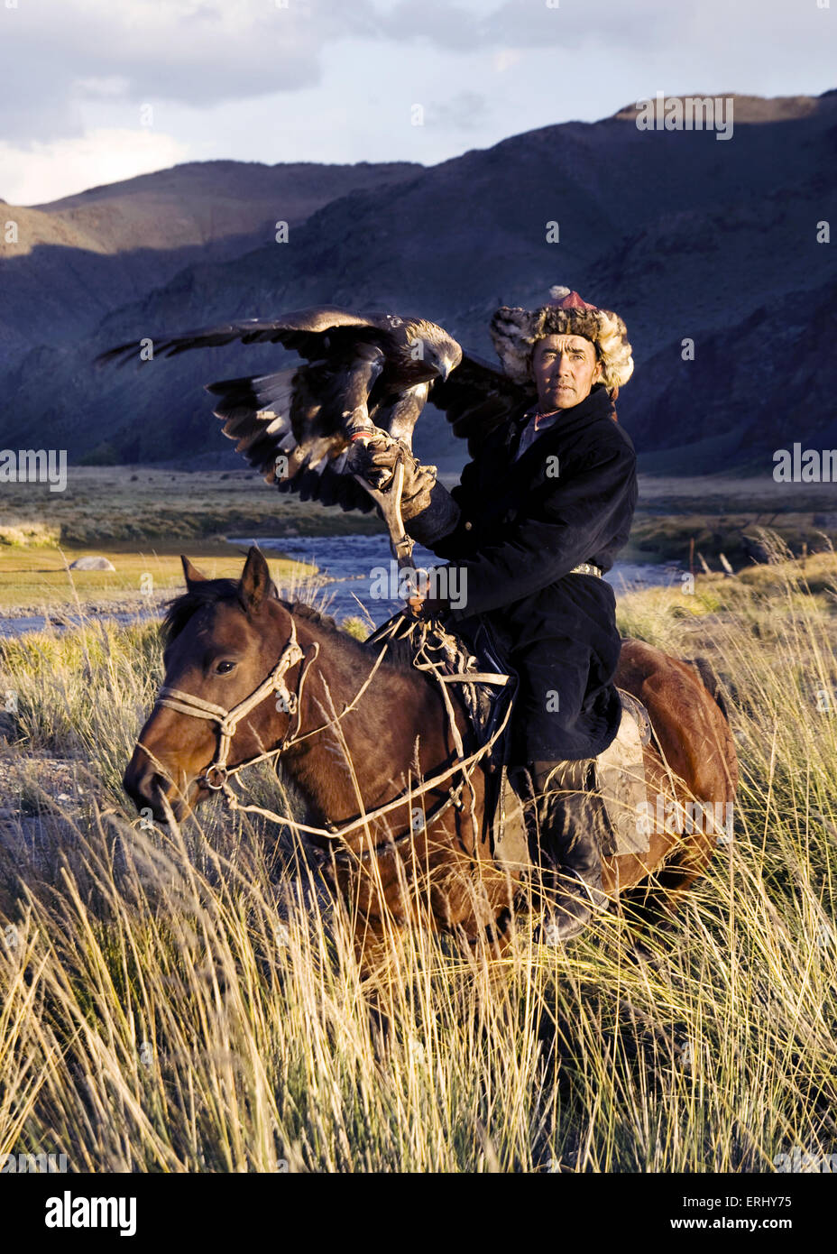 Kasachischen Männer traditionell jagen Füchse und Wölfe mit Steinadler ausgebildet. Olgei, westliche Mongolei.  Ich habe das Glück, ha gewesen Stockfoto