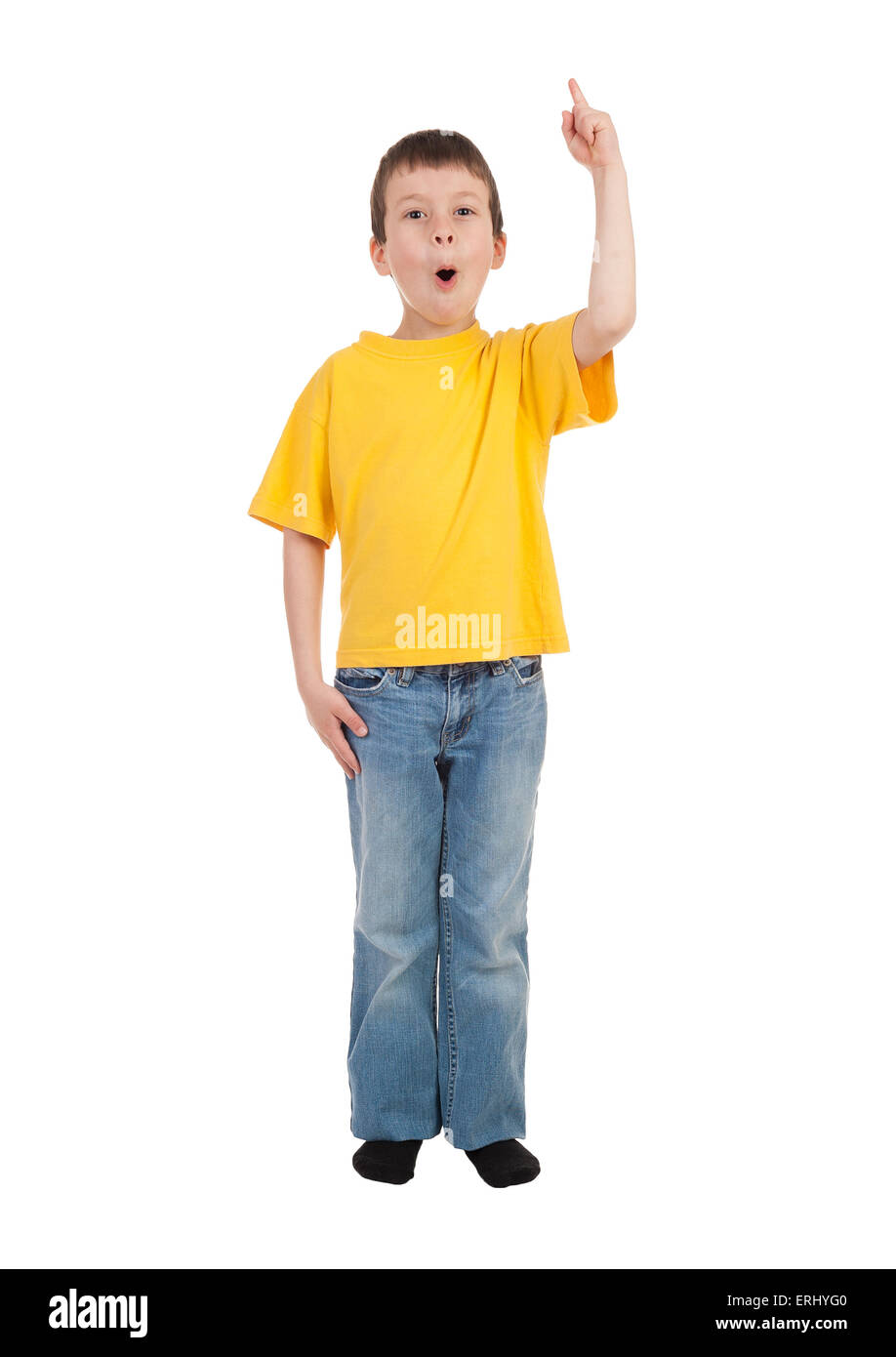 Junge in gelben T-shirt Show finger Stockfoto