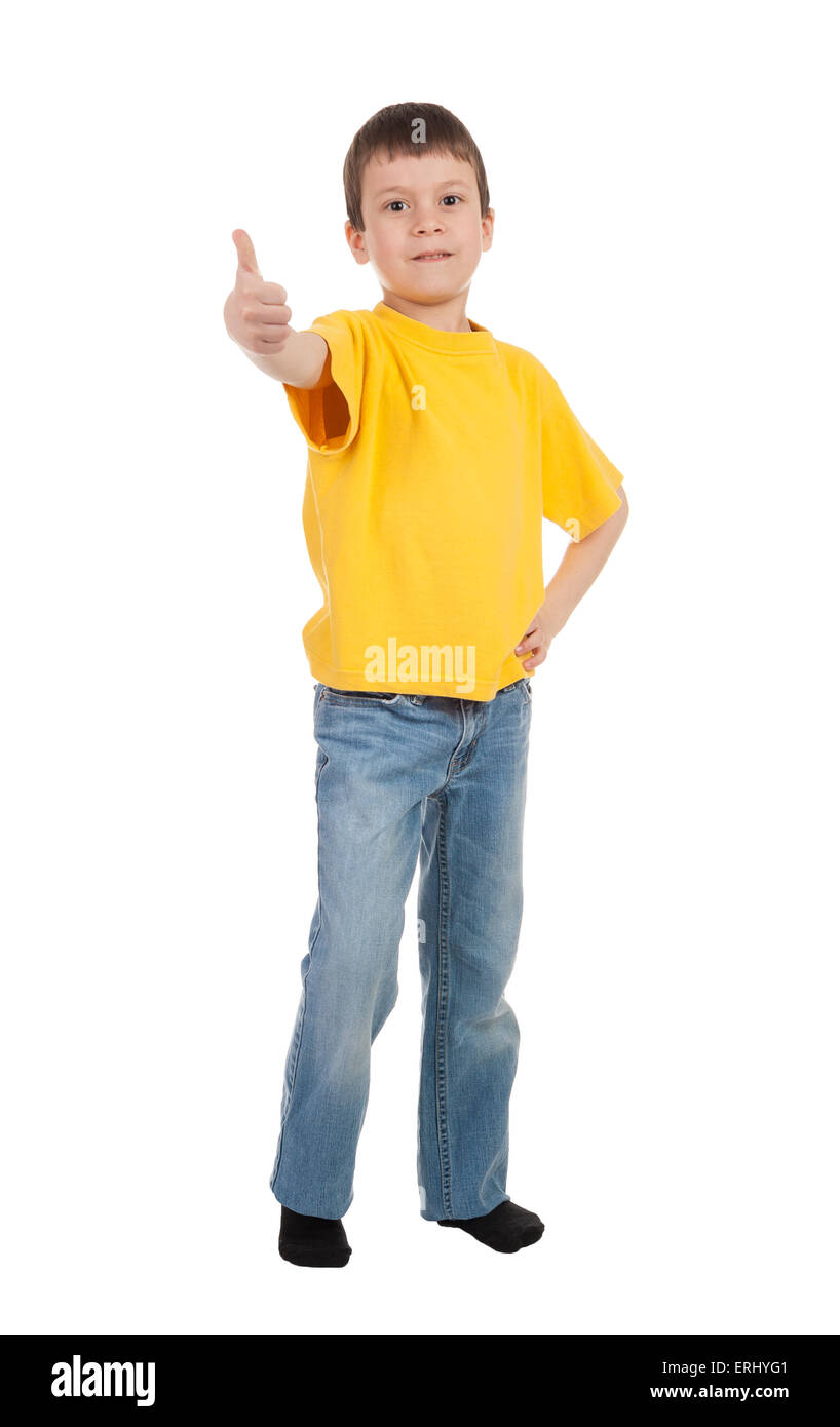 Junge in gelben T-shirt Show finger Stockfoto