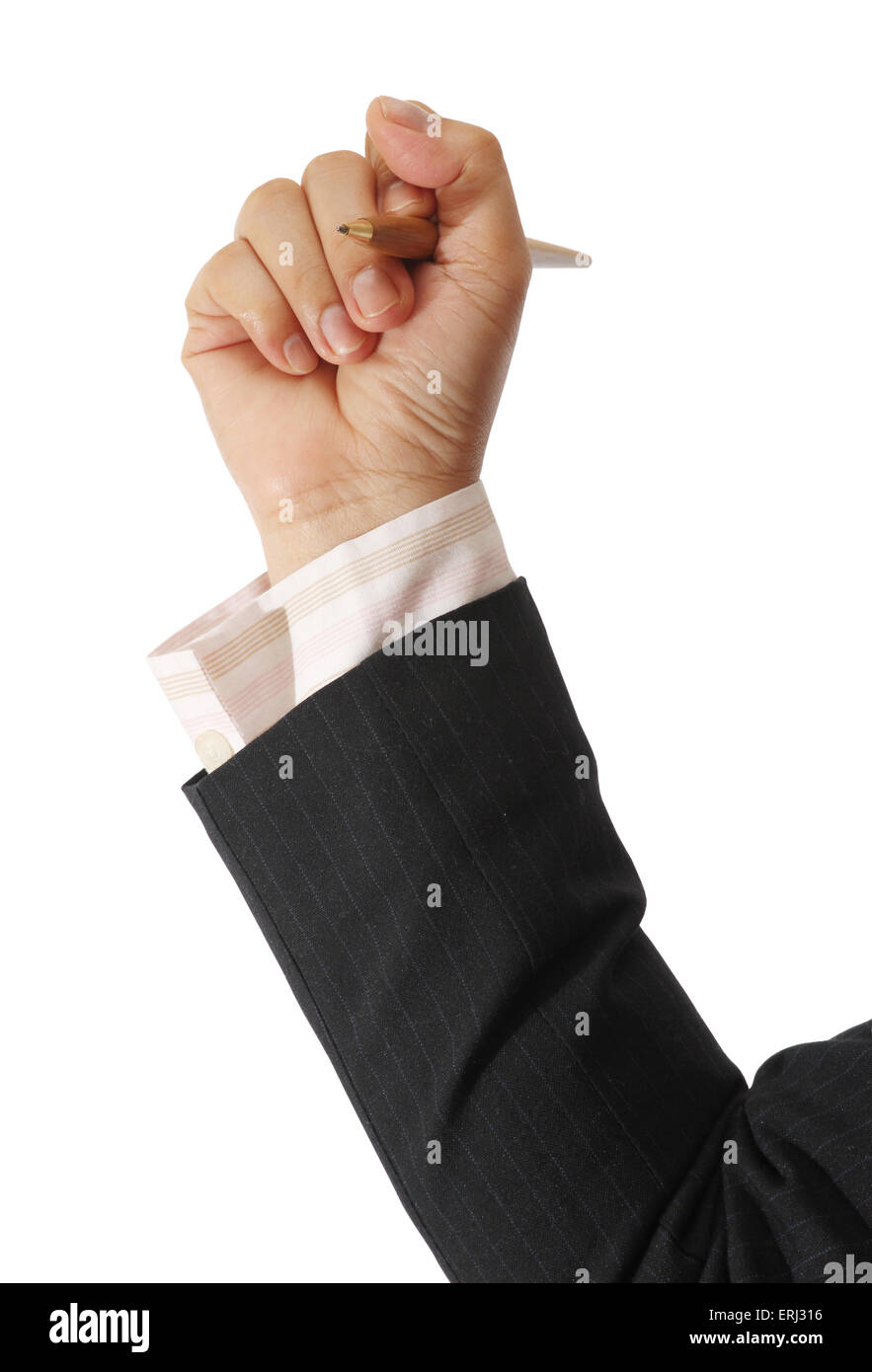 Business-Frau mit ihrem Stift auf weißem Hintergrund im Büro Stockfoto