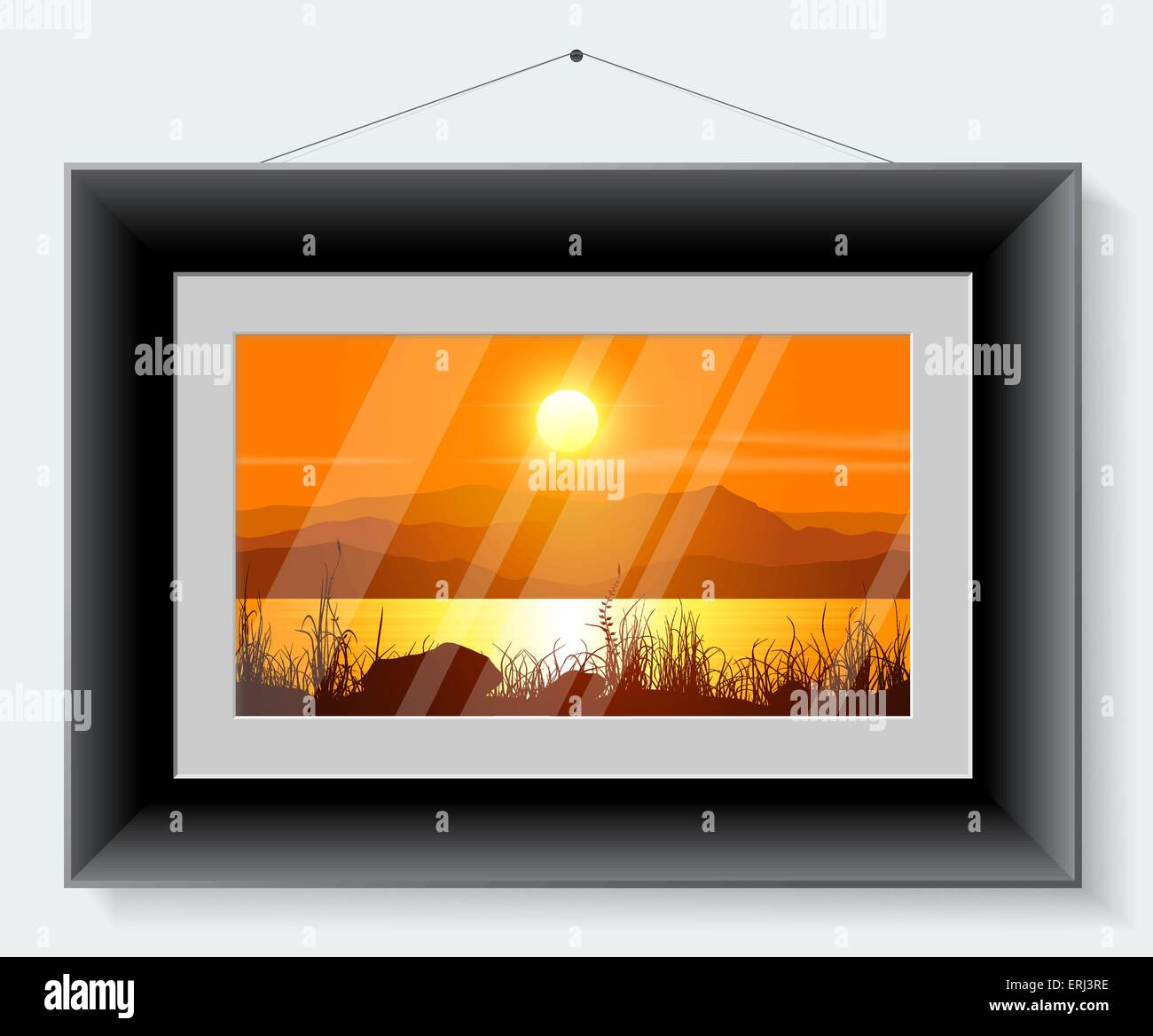 Schwarzer Rahmen mit dem Bild der Landschaft isoliert auf grauem Hintergrund. Vektor-Illustration. Stock Vektor
