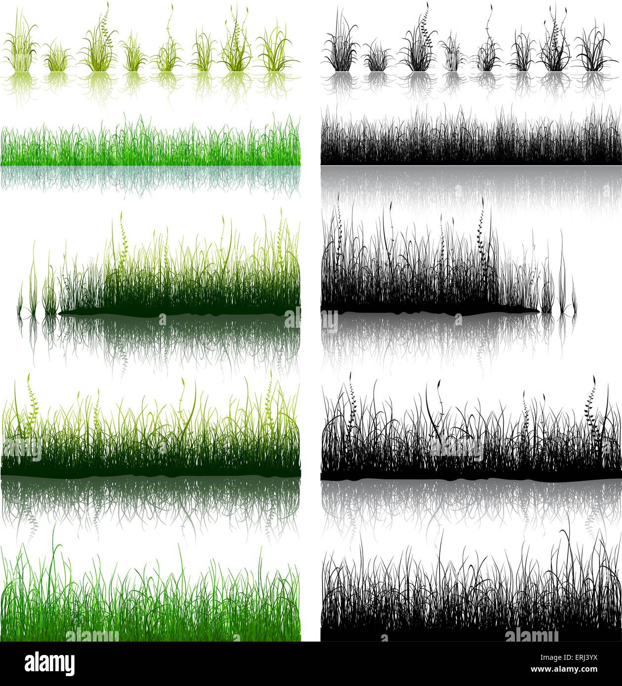 Big Set of Green und Black Grass isoliert auf weißem Hintergrund. Vektor-Illustration. Stock Vektor