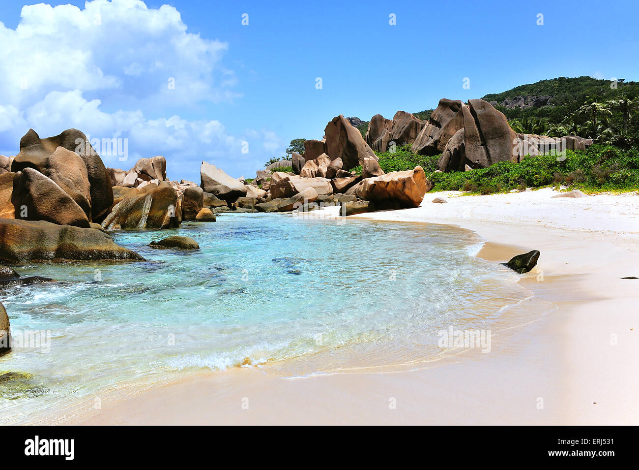 Anse Marron, Strand auf der Insel La Digue, Seychellen Stockfoto