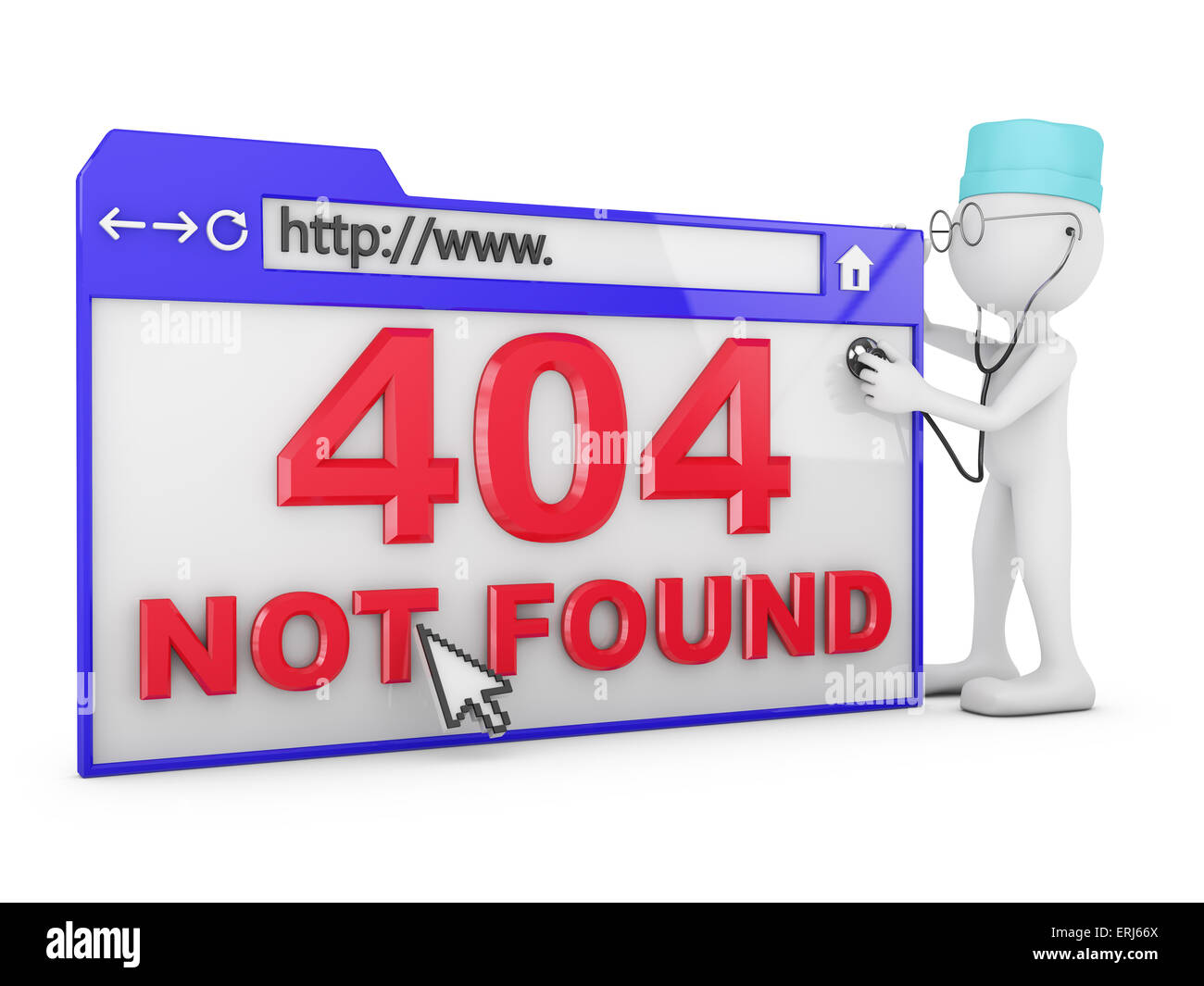 Arzt untersucht die einen Web-Browser mit der Aufschrift - 404 nicht gefunden Stockfoto