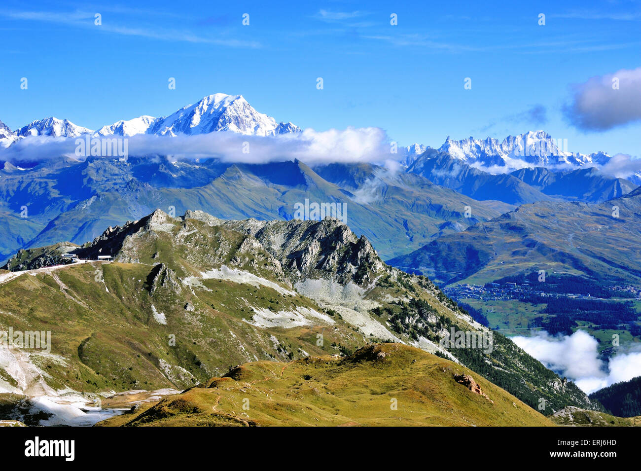 Das Massiv des Mont Blanc, gesehen aus dem Süden, Les Arcs, Panoramablick, Frankreich Stockfoto