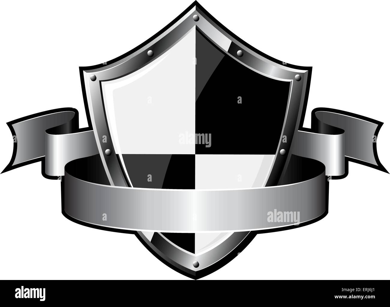 Stahlschild mit Band auf weißem Hintergrund. Vektor-Illustration. Stock Vektor