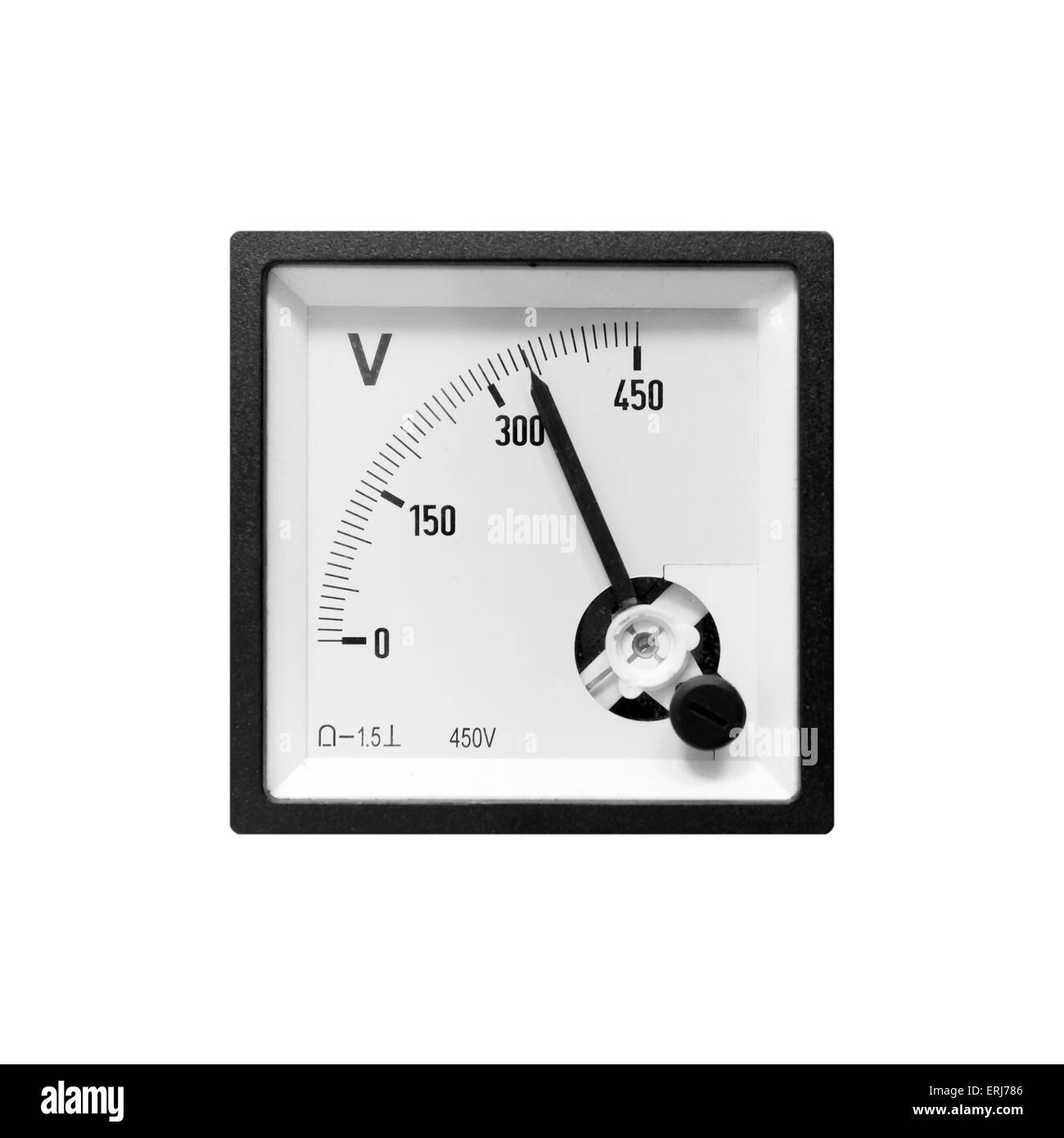 Moderne analoge elektrische Voltmeter in schwarzen Rahmen isoliert auf weißem Hintergrund Stockfoto