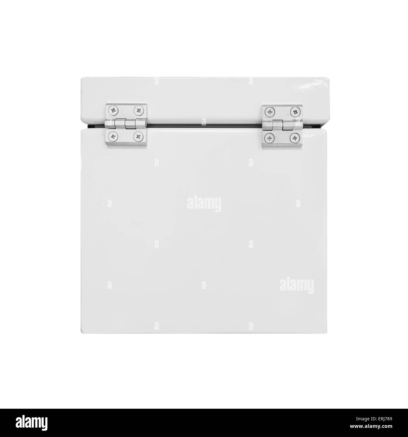 Weiße industriellen Metall-Box mit geschlossenen Deckel auf Scharniere isoliert auf weiss Stockfoto