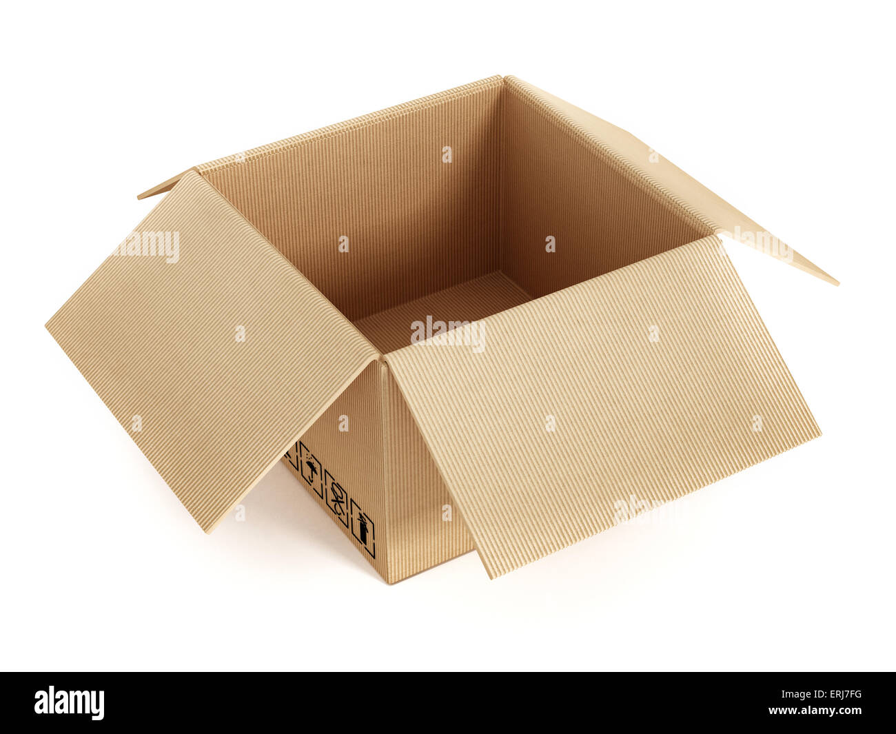 Offenen Karton isoliert auf weißem Hintergrund. Stockfoto