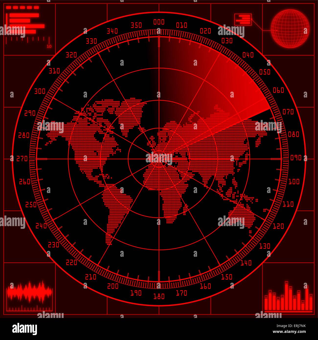 Radarbildschirm mit Weltkarte. Vektor-EPS10. Stock Vektor