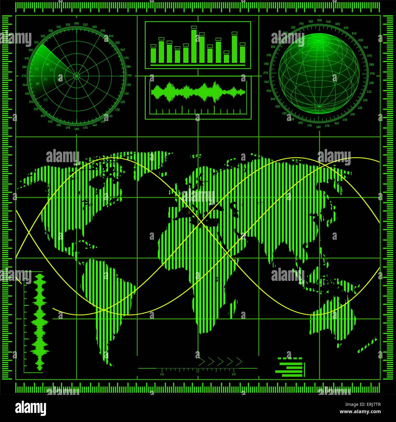Radarbildschirm mit Weltkarte. Vektor-EPS8. Stock Vektor