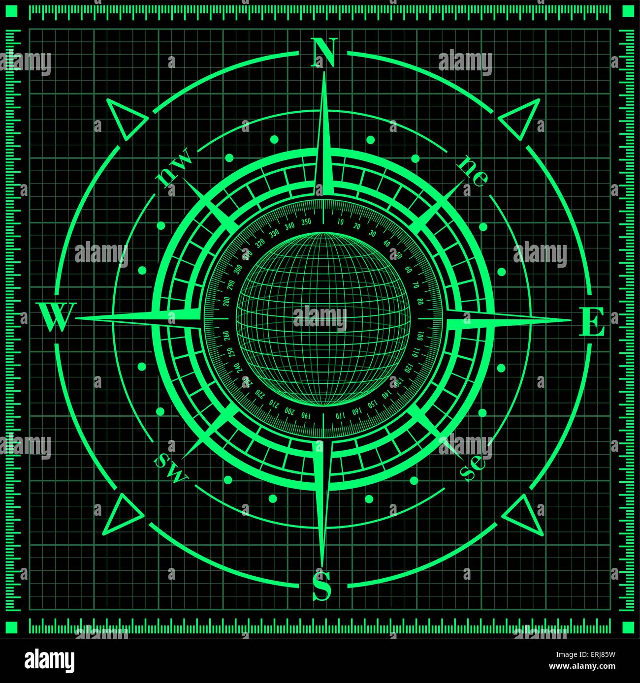 Radar Kompassrose mit Globus. Vektor-Illustration. Stock Vektor