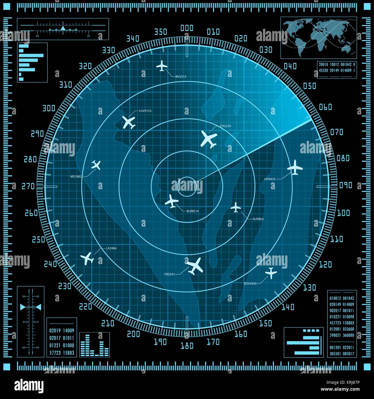 Blaue Radarbildschirm mit Flugzeugen. Vektor-EPS10. Stock Vektor