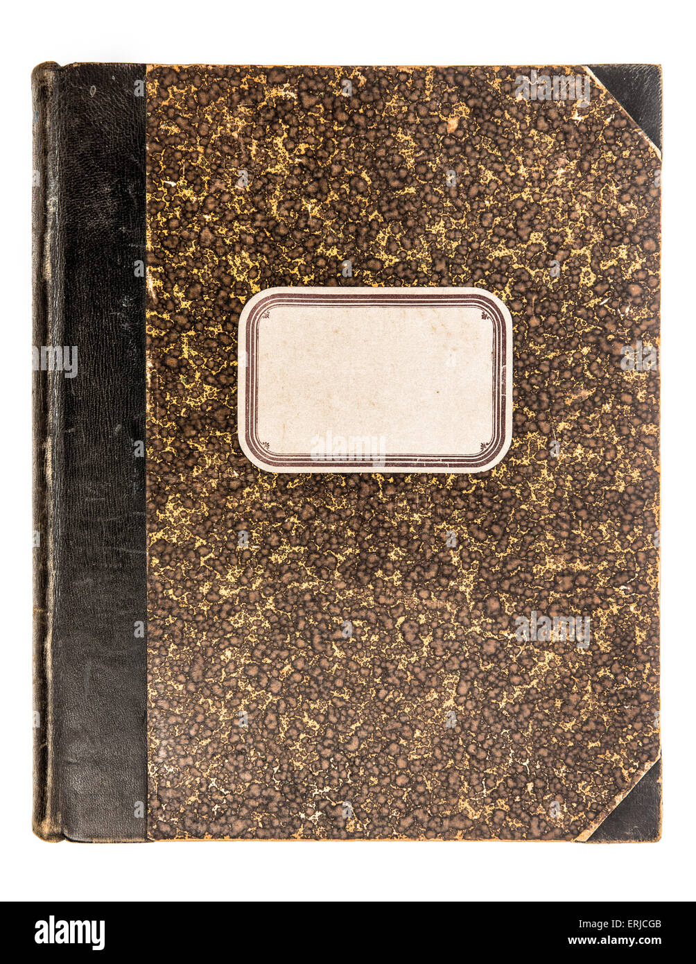 Vintage Leder Bucheinband mit Papier Tag isoliert auf weißem Hintergrund. Antikes Objekt Stockfoto