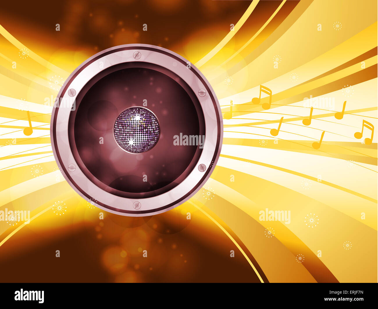 Lautsprecher mit Disco-Kugel über leuchtende goldene Lichtexplosion Stockfoto