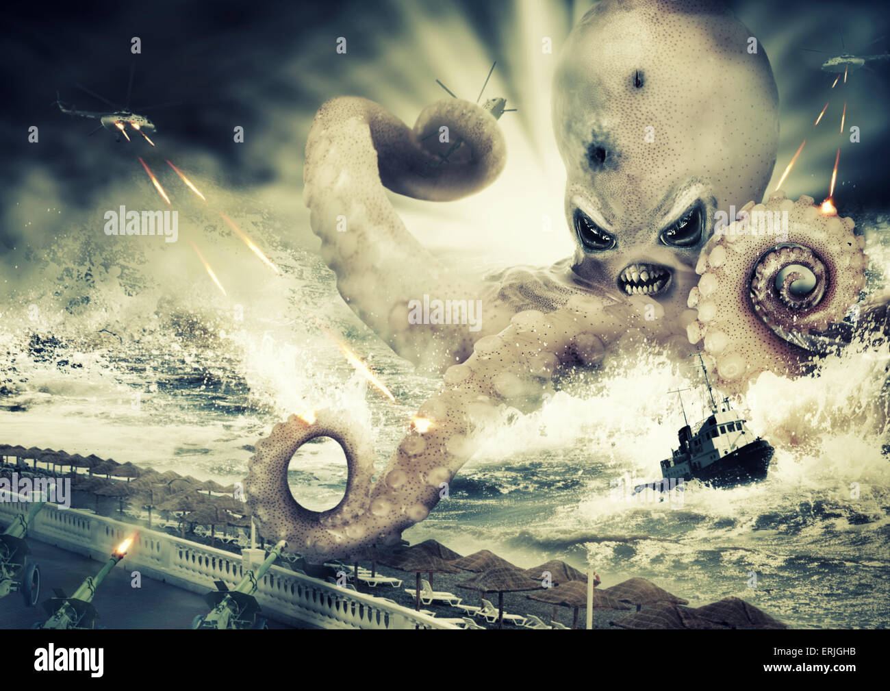 Krieg mit einem großen bösen Meer Monster - Krake alien Stockfoto