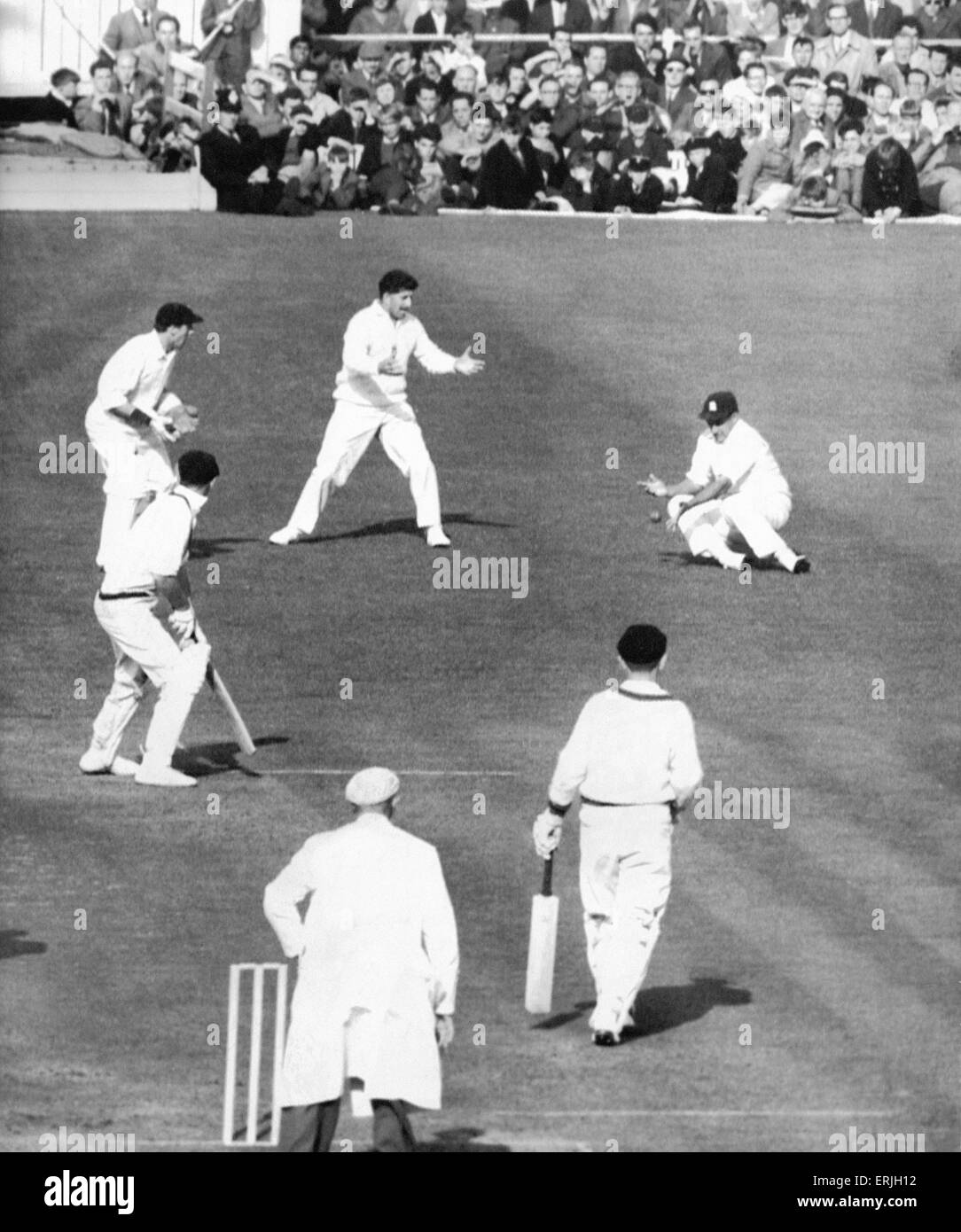 Australische Cricket-Tour von England für die Asche. England V Australien vierten Testspiel im Old Trafford. Fred Trueman schreien nach Subba Zeile Lary Truemans Schüssel fallen gelassen.  29. Juli 1961. Stockfoto